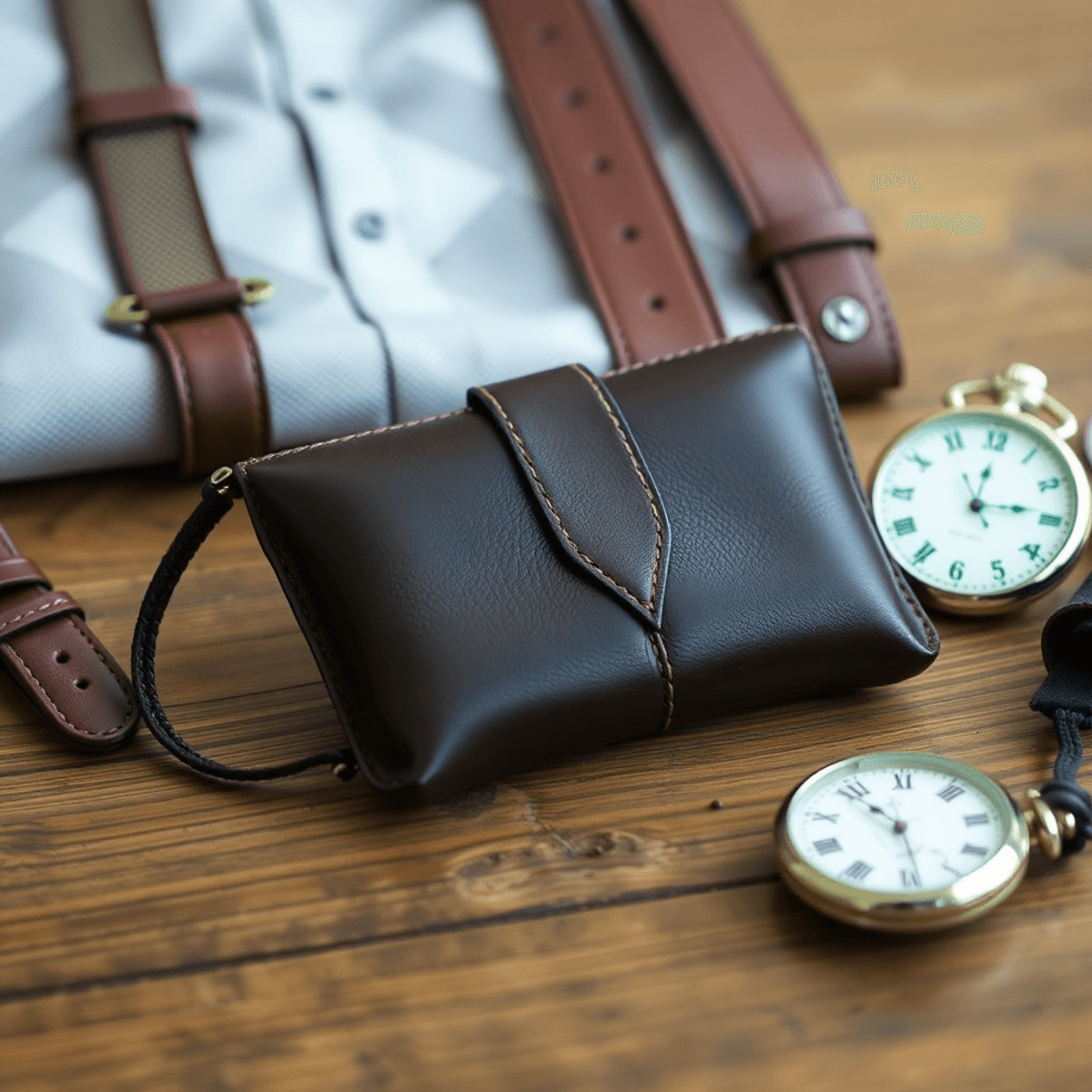Un étui à tabac en cuir vintage élégamment exposé sur une table en bois, entouré d'accessoires classiques des années 1920 tels que des bretelles et une montre de poche.