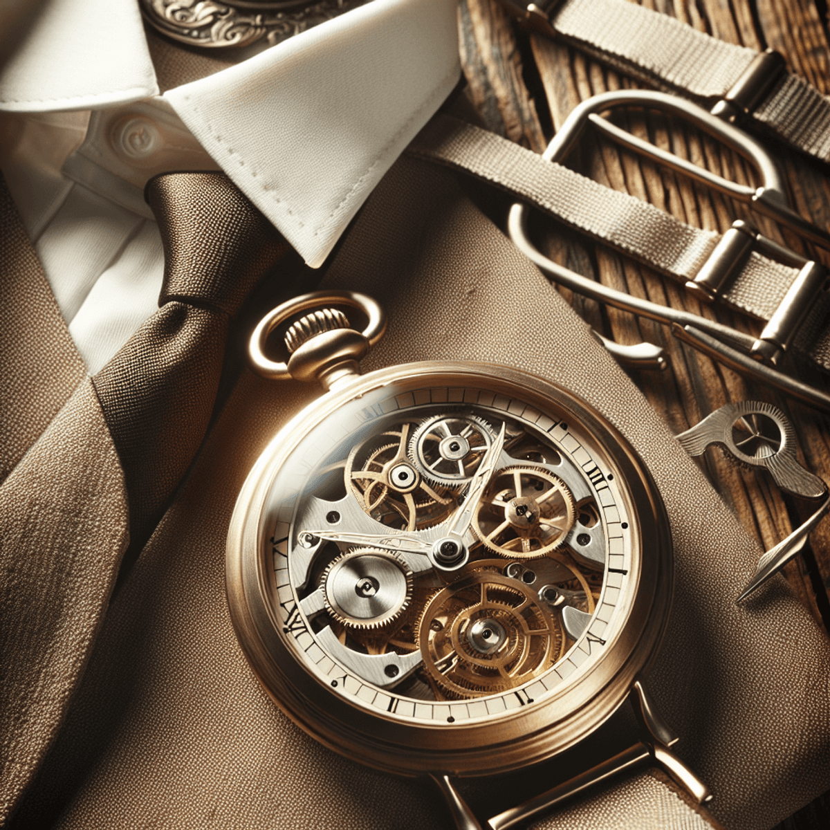 A vintage pocket watch with an open case, featuring complex and visible inner gears, rests on a textured wooden surface illuminated by soft natural light. Surrounding the watch are a refined waistcoat and elegant suspenders, evoking an atmosphere of timeless elegance and sophistication.