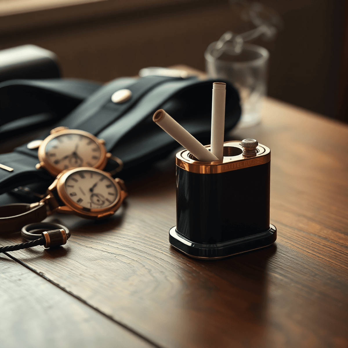 Un porte-cigarette élégant sur une table en bois vintage, accompagné d'une montre de poche classique et de bretelles, le tout baigné dans une lumière douce et chaleureuse.