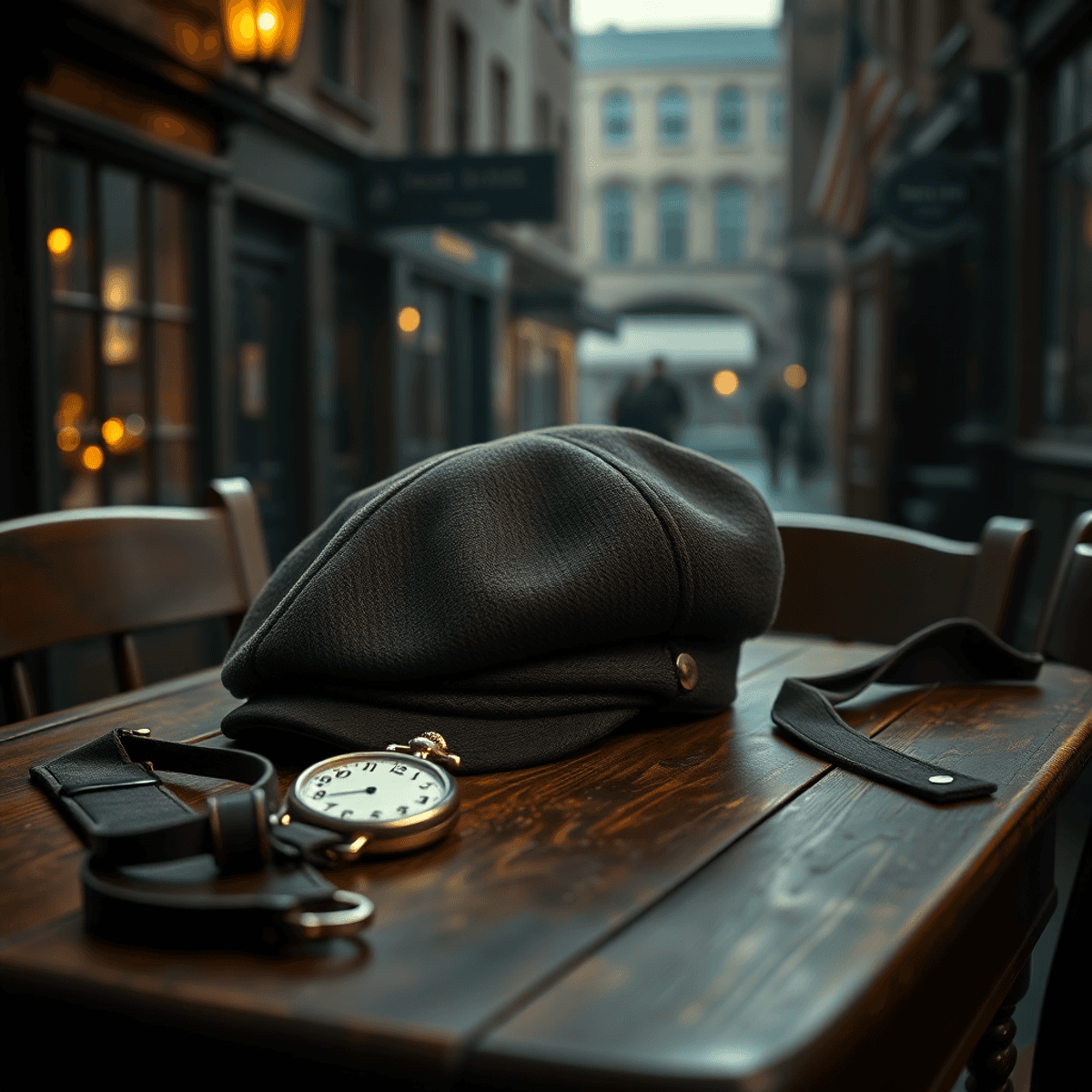 Une casquette plate élégante sur une table en bois vintage, accompagnée d'une montre de poche et de bretelles, le tout sur un fond d'ambiance moody et atmosphérique.