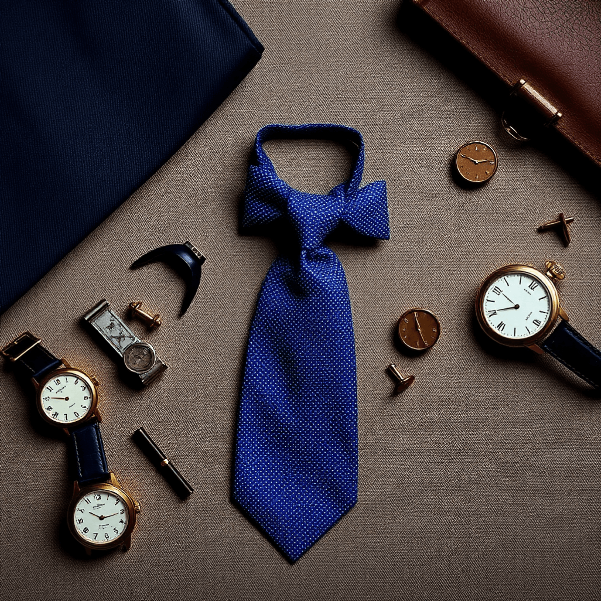 Un agencement élégant mettant en vedette une cravate classique et un ascot élégant, entouré de montres de poche vintage et de boutons de manchette sur un fond sophistiqué.