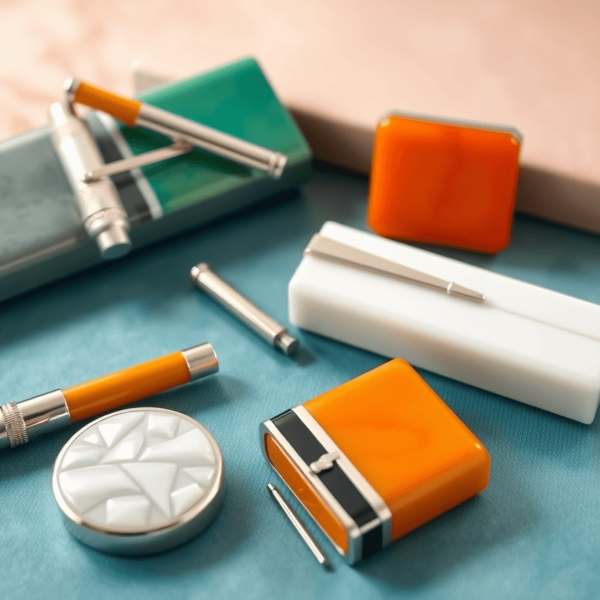 Des porte-cigarettes vintage élégants en argent, en nacre et en bakélite colorée, artistiquement disposés sur un fond chic dégagent glamour et sophistication rétro.