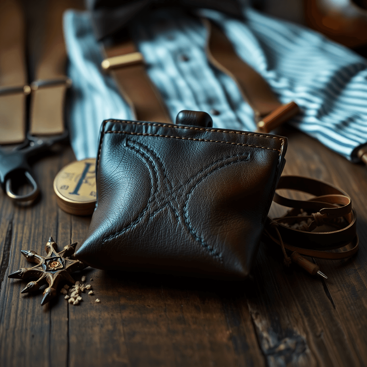 Un étui à tabac vintage sur une table en bois rustique, entouré d'accessoires classiques pour gentlemen tels que des bretelles et un porte-chemise, évoquant élégance et style intemporel.