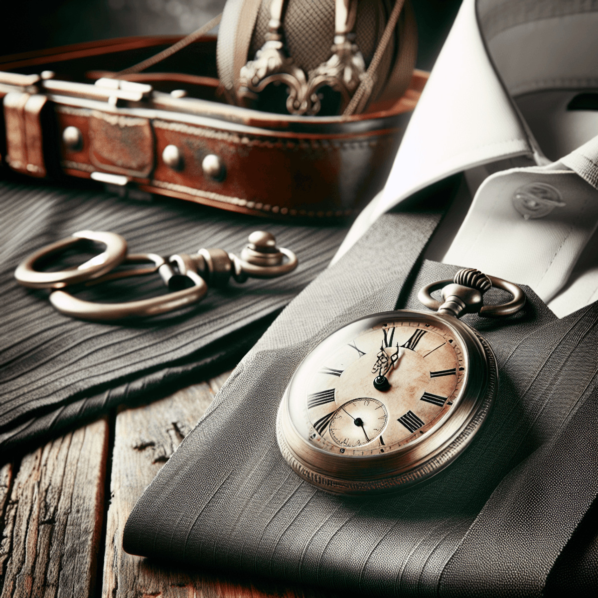 Une montre de poche vintage reposant sur une table en bois vieilli, aux côtés d'une paire de bretelles et d'une chemise finement confectionnée, avec un arrière-plan flou qui évoque la sophistication et l'intemporalité.