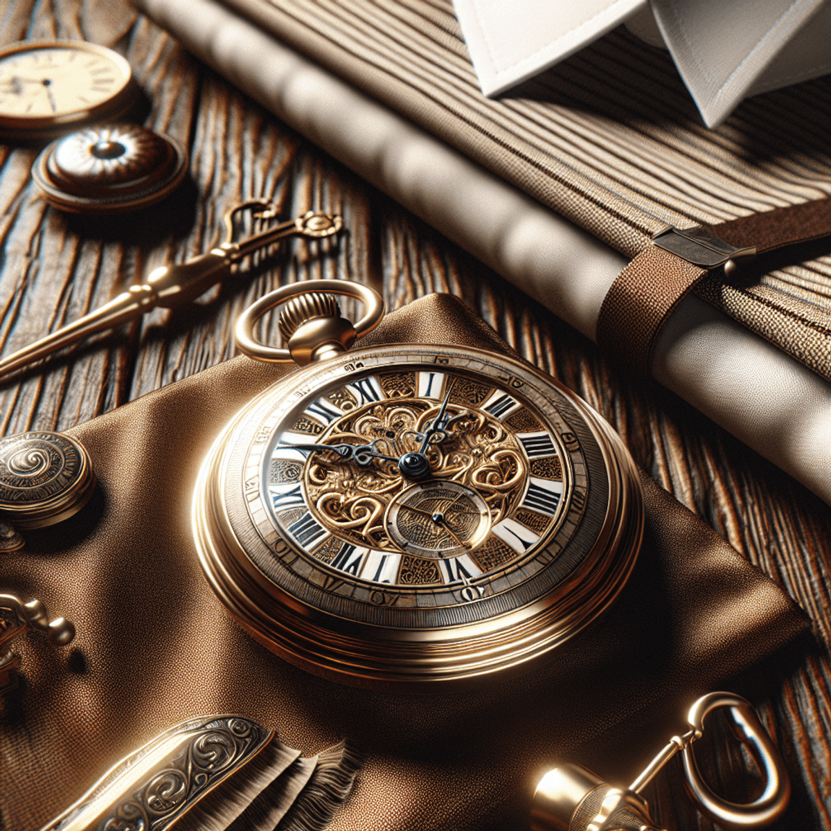 Une montre à gousset antique hyperréaliste avec des designs complexes repose sur une table en bois richement texturée, entourée de matériaux luxueux tels que le velours vert profond et la soie douce. De délicates touches d'accents dorés sont visibles, rehaussant l'opulence. En arrière-plan, une paire de bretelles vintage et une chemise sur mesure soigneusement pliée contribuent subtilement au thème de l'élégance éternelle, créant une ambiance sophistiquée sans aucun texte.