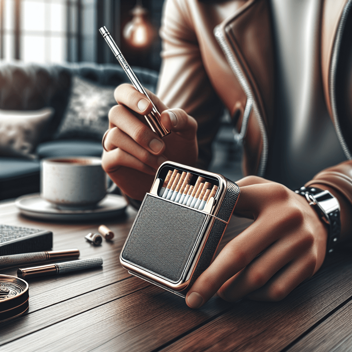 Représentation réaliste d'un étui à cigarettes moderne et tendance reposant sur une table en bois. L'étui est tenu par une personne caucasienne au style élégant, dégageant une aura de sophistication et d'élégance. L'arrière-plan est légèrement flou, mettant en valeur divers éléments de décoration vintage, contribuant à une ambiance chic générale. Aucune inscription dans l'image, l'accent étant mis sur les personnes, les objets et les attributs symboliques de la scène.