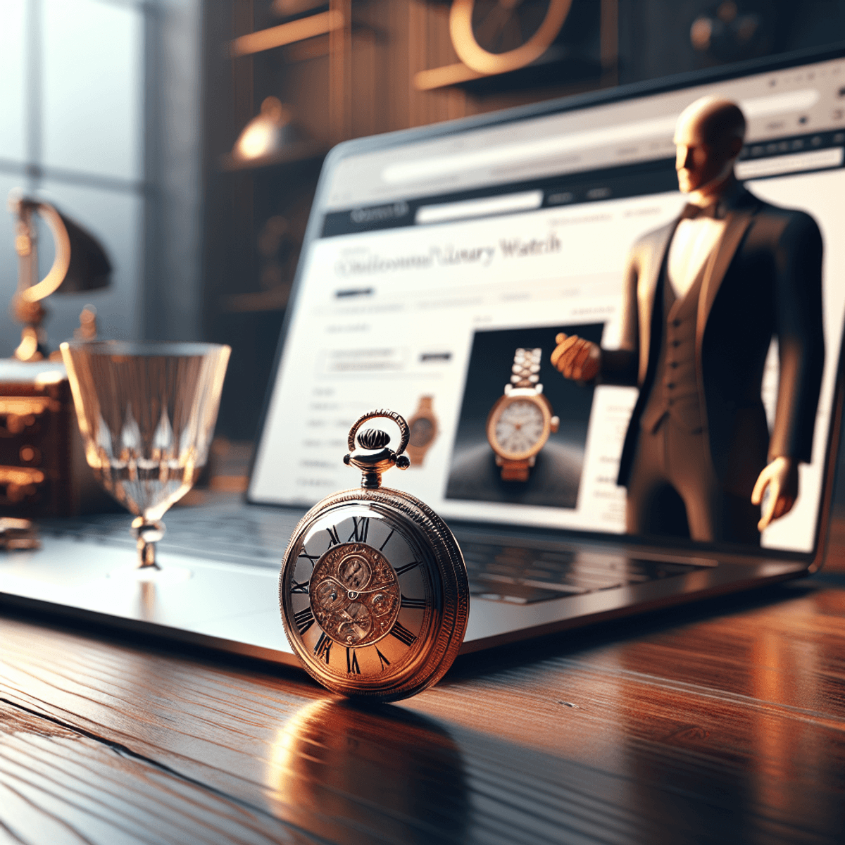 Montre à gousset opulente : une montre élégante posée sur une table en bois poli, avec un arrière-plan flou suggérant un ordinateur portable moderne affichant un site web de montres de luxe. Un individu caucasien est absorbé par sa navigation, montrant des signes subtils de fascination pour les pièces raffinées.