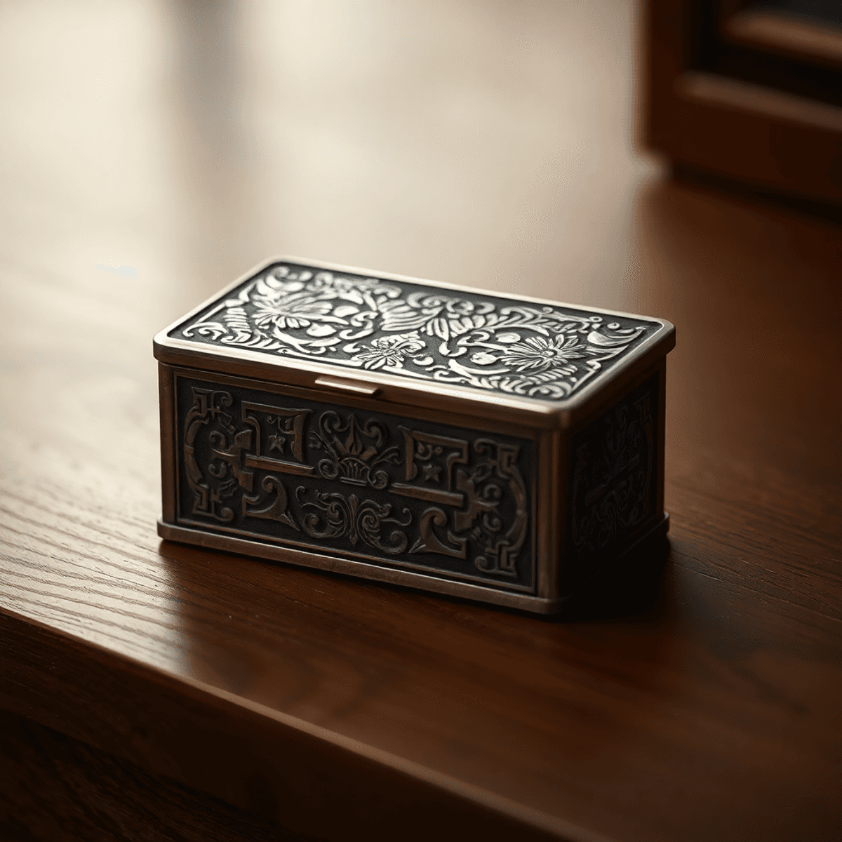 Un étui à cigarette vintage en métal avec des motifs art déco, reposant sur une surface en bois sombre, illuminé par une lumière douce qui accentue sa brillance.