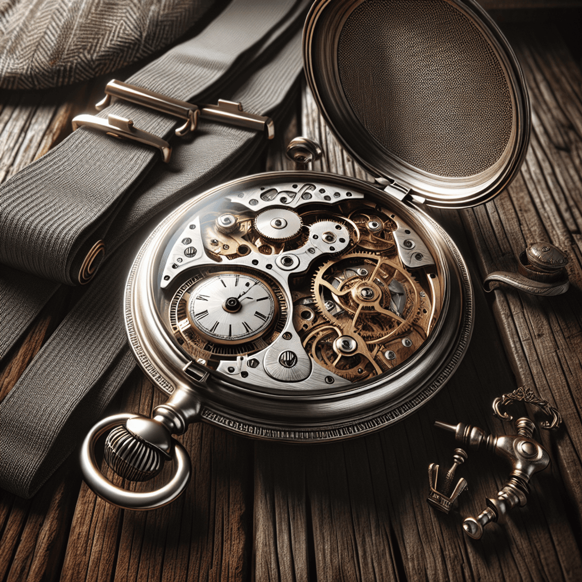 Une montre de poche antique avec des gravures complexes et un couvercle partiellement ouvert révèle ses engrenages et mouvements complexes, le tout sur un fond en bois rustique. À proximité, des bretelles classiques et une casquette vintage sont positionnées pour rehausser l'élégance et le charme nostalgique de la scène, créant une atmosphère de sophistication raffinée rappelant une époque révolue.