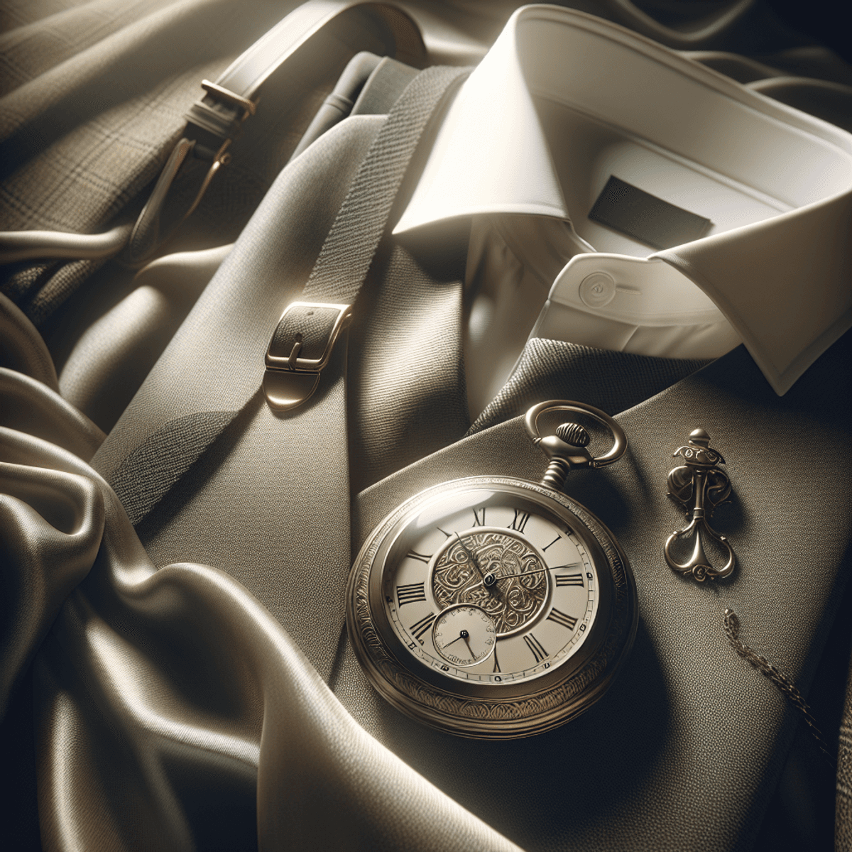 Une montre de poche vintage avec des designs élaborés repose sur un tissu drapé élégamment, entourée d'éléments subtils de la mode masculine classique tels qu'un costume trois pièces et des bretelles en arrière-plan. La scène est éclairée par un éclairage doux, mettant en valeur la montre comme point central et évoquant un sentiment de luxe et de sophistication intemporelle.