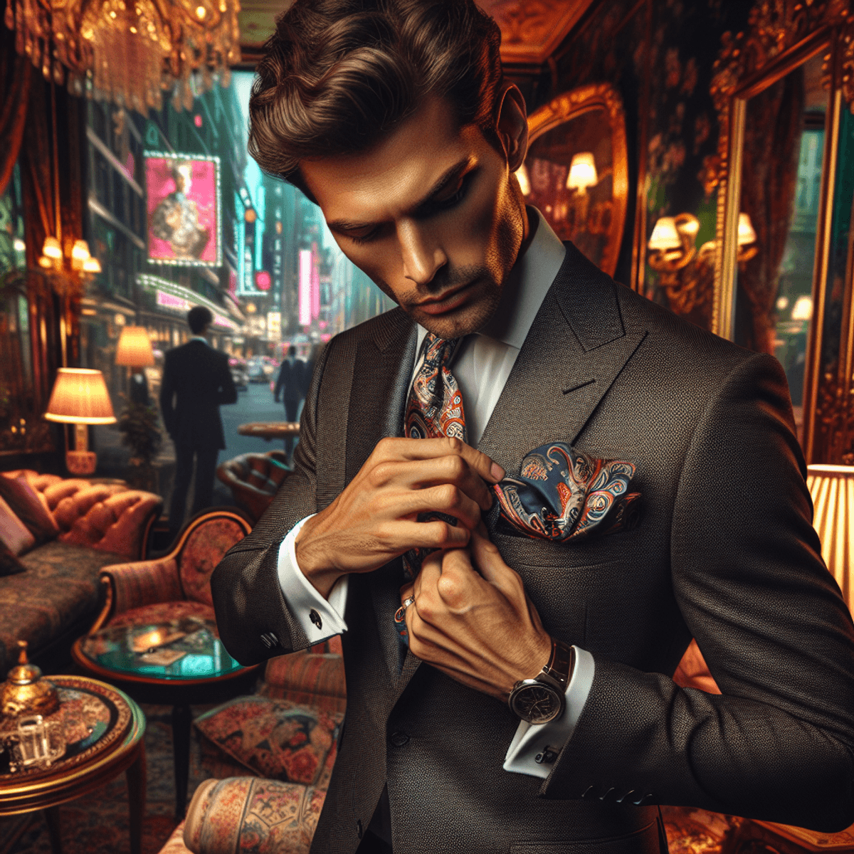 Un homme caucasien bien habillé ajuste méticuleusement un mouchoir de poche à motif flamboyant dans la veste de son costume, le tout dans une pièce décorée avec goût, ornée de meubles anciens et d'un éclairage ambiant doux. L'image capture son souci du détail et son sens aigu de la mode sophistiquée.