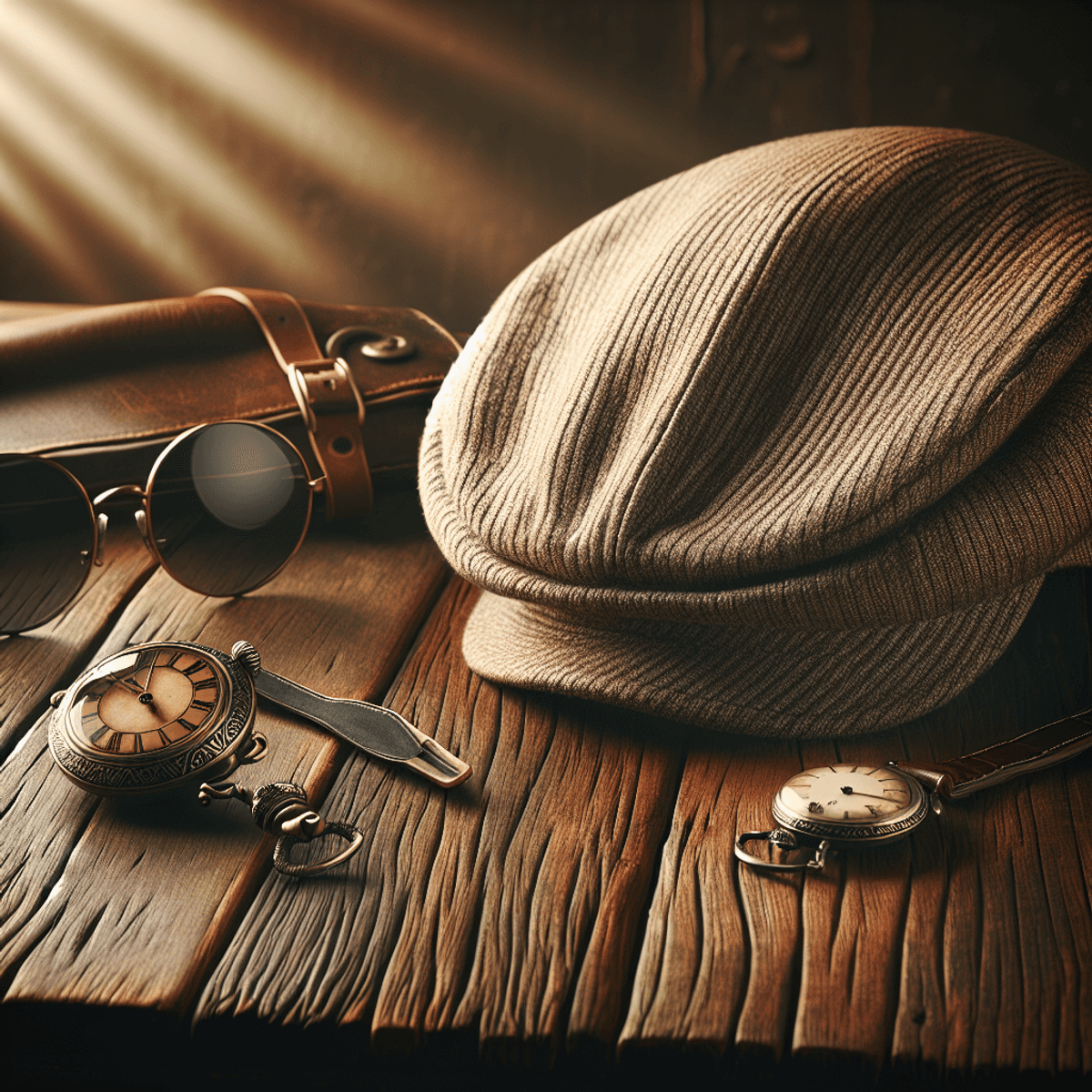 Une image réaliste montrant une casquette gavroche au style vintage soigneusement posée sur une table en bois vieilli. Autour de la casquette, se trouvent des accessoires rétro comme une paire de lunettes de soleil rondes et une montre de poche antique. L'arrière-plan projette une lumière douce et chaleureuse, évoquant un sentiment de nostalgie et de tranquillité. Le style global est réaliste, mettant particulièrement en valeur la texture des objets et leur charme vintage associé.