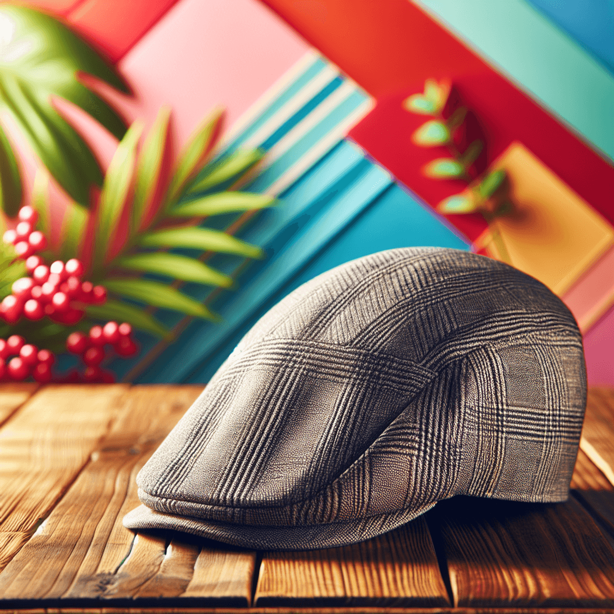 Image d'une casquette à la mode inspirée du style britannique du début du 20e siècle, posée sur une table en bois. La casquette est fabriquée en tissu léger, tel que le coton ou le lin, avec des détails stylés bien marqués. En arrière-plan, un décor d'été vibrant et énergique, rempli de couleurs audacieuses et de motifs modernes.