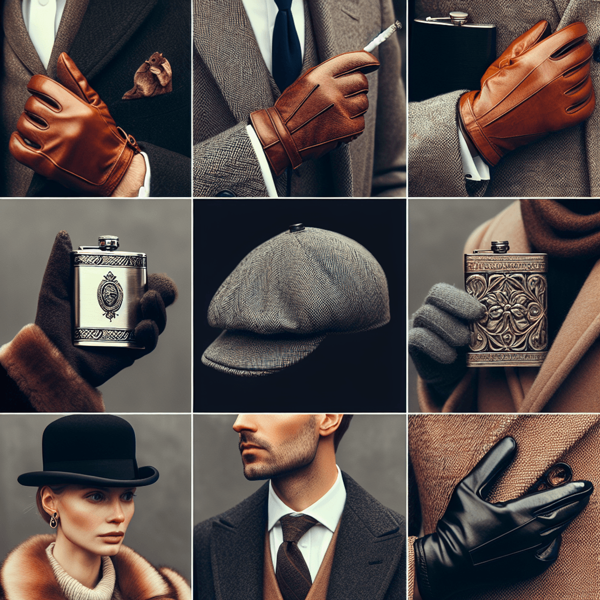 Une paire de gants en cuir vintage et un bonnet plat, symbolisant le style Peaky Blinders, dans une élégante photographie en noir et blanc.