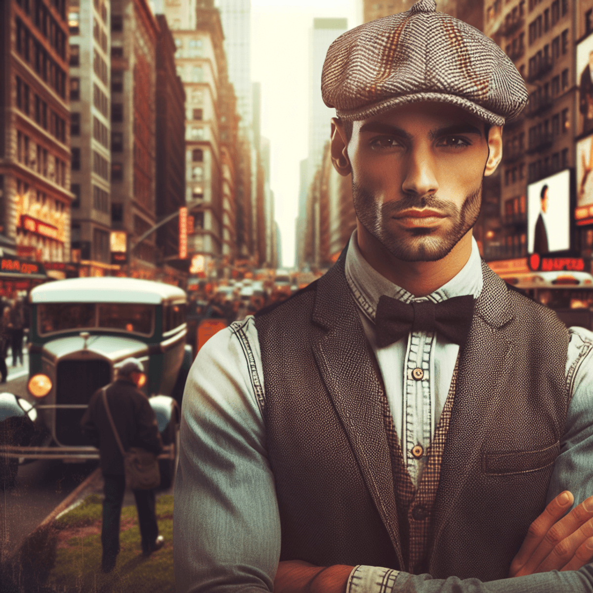 Un individu hispanique élégant portant une casquette gavroche vintage et une tenue à la mode se tient avec confiance dans un cadre urbain, mettant en avant le design unique de la casquette. L'arrière-plan vibrant et animé de la ville rehausse l'esthétique vintage de la scène, créant une atmosphère animée.