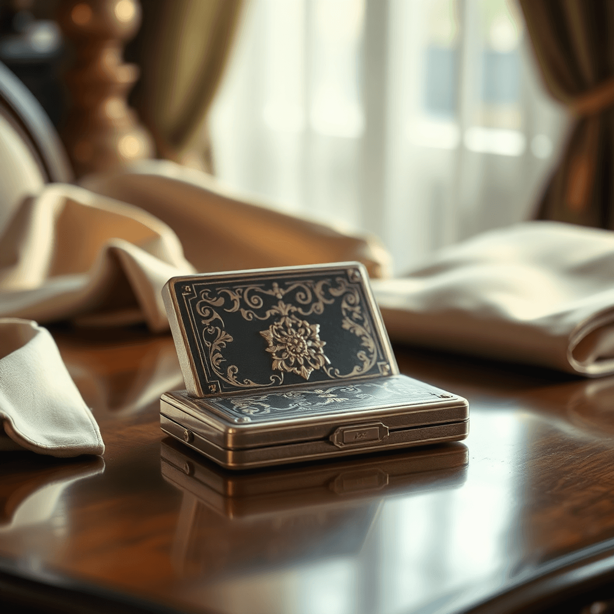 Un étui à cigarettes vintage sur une table en bois poli, entouré de tissus luxueux et d'un éclairage doux, mettant en valeur des designs en argent et en or intricats rappelant les années 1920.