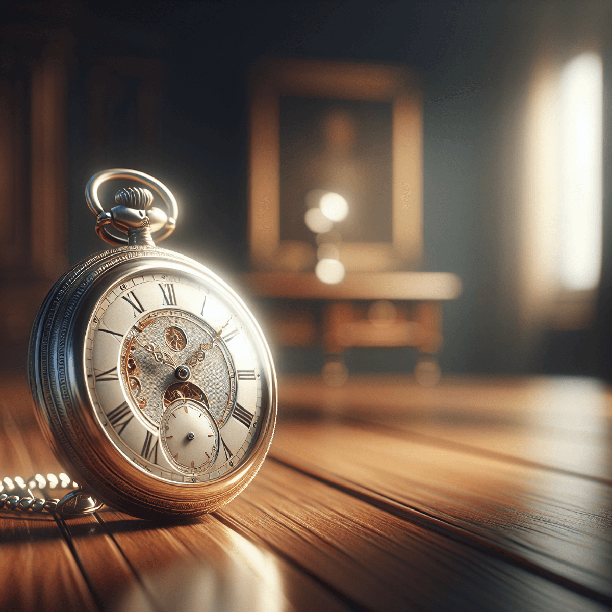 A finely detailed pocket watch with elegant features, resting on a vintage wooden table. The watch is positioned to reflect soft light, showcasing its intricate design. The background subtly blends into a classic setting, with a soft blur to give an impression of timelessness and prestige.