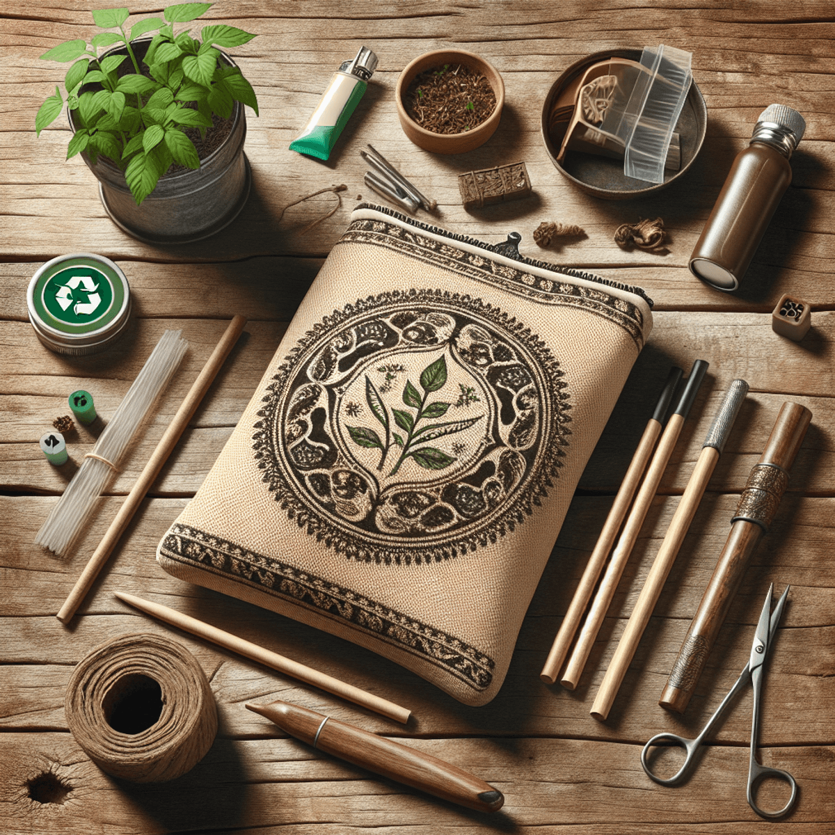 Pochette à tabac vintage : une pochette ornée de motifs uniques symbolisant la sentimentalité et la consommation durable, posée sur une table en bois rustique. Autour de la pochette, un assortiment d'objets écoresponsables, incluant une petite plante verte et divers produits réutilisables. La scène transmet un message fort de responsabilité environnementale à travers l'utilisation d'objets durables et d'appartenances personnelles.