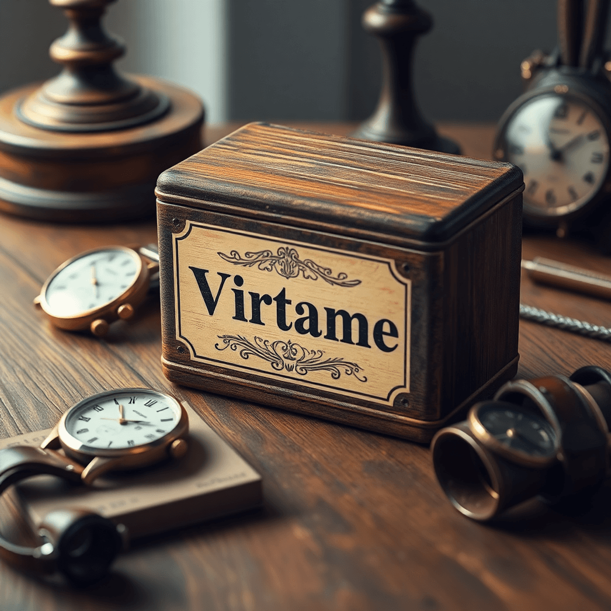 Un briquet vintage personnalisé posé sur une table en bois, entouré d'une montre de poche antique et de bretelles en cuir, baigné dans une douce lumière.