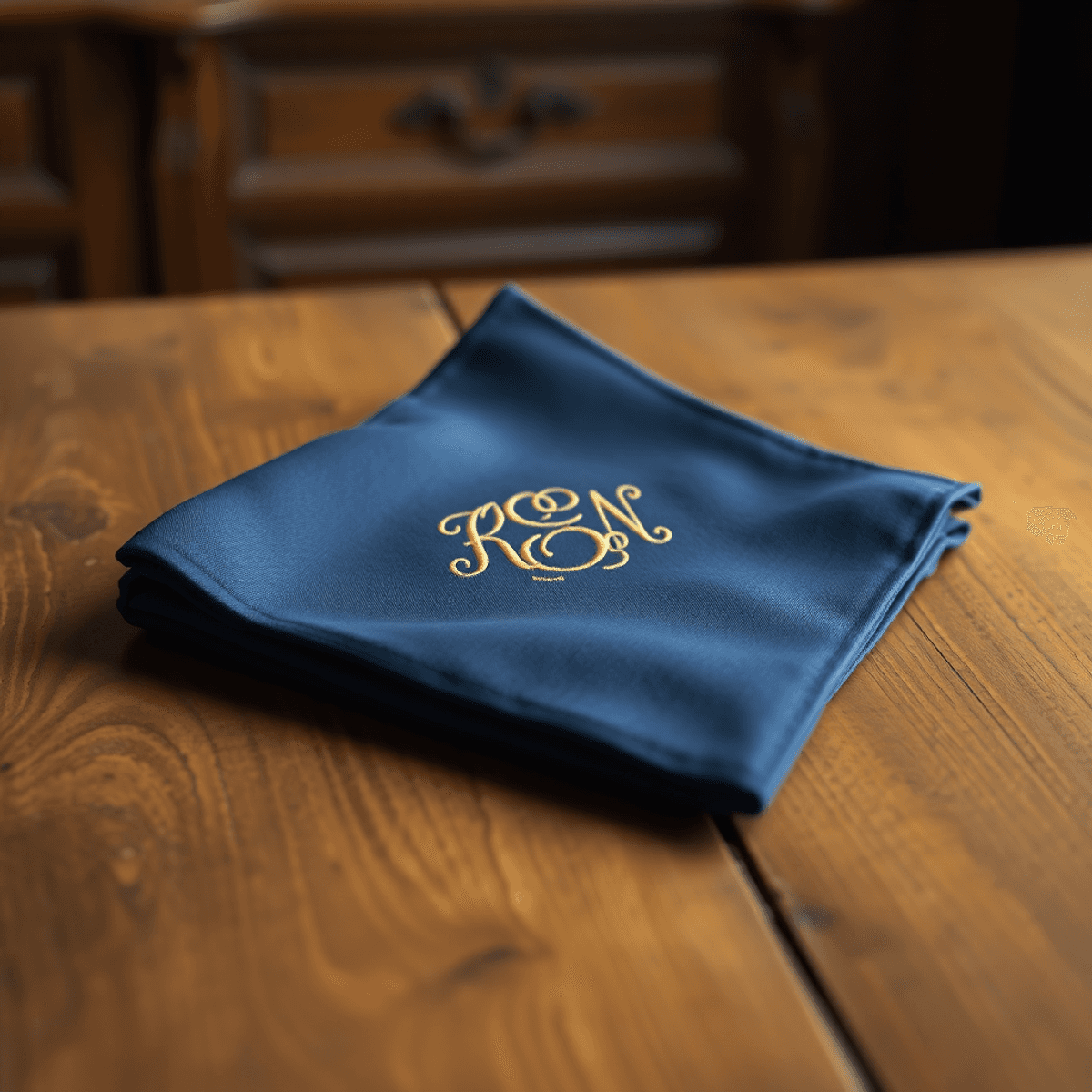 Un carré de poche magnifiquement plié avec des initiales brodées, reposant sur une table en bois vintage sous un éclairage doux et chaud, mettant en valeur l'élégance et la sophistication.