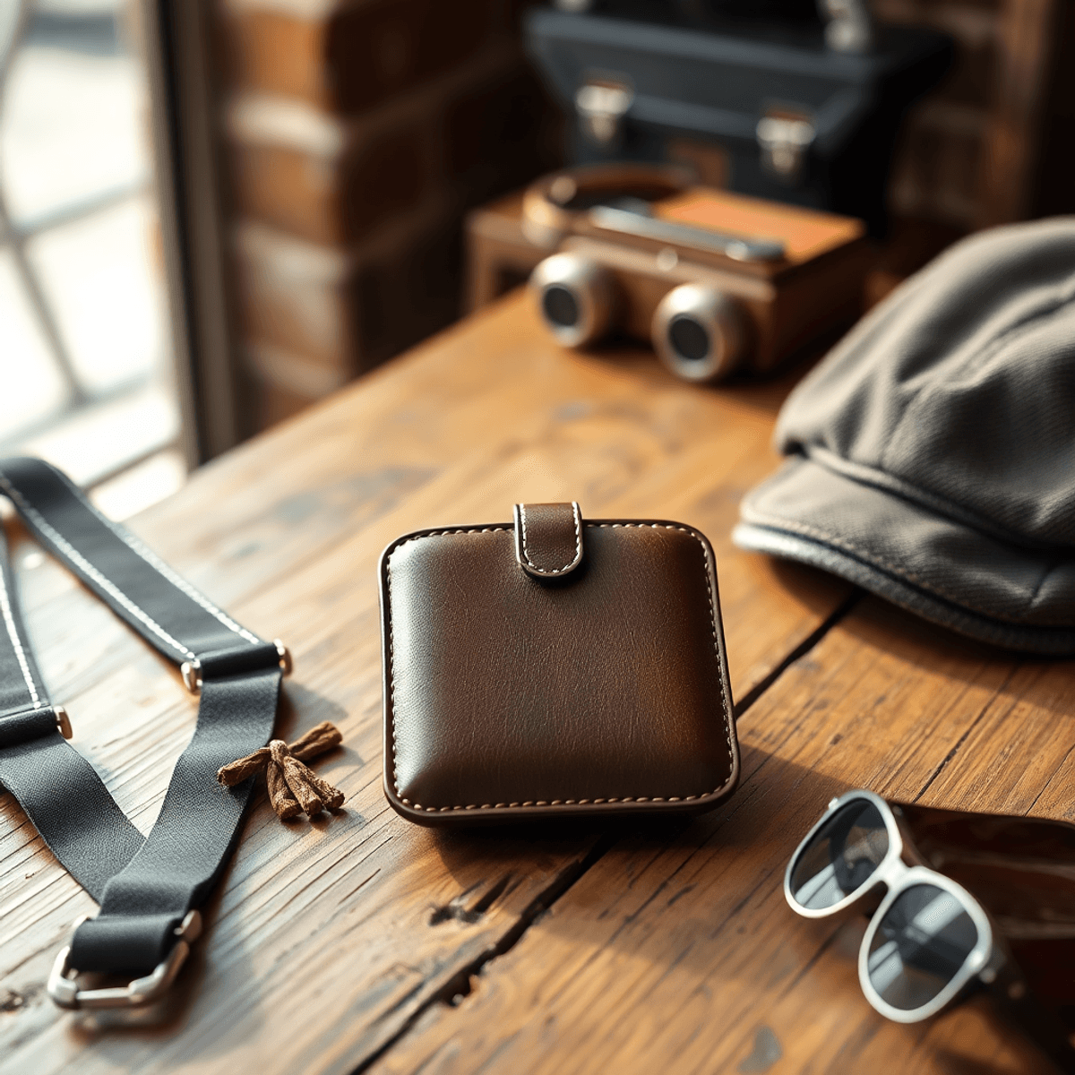 Un moderne étui à tabac sur une table en bois rustique, entouré d'accessoires vintage comme des bretelles et une casquette de facteur, éclairé par la lumière naturelle.