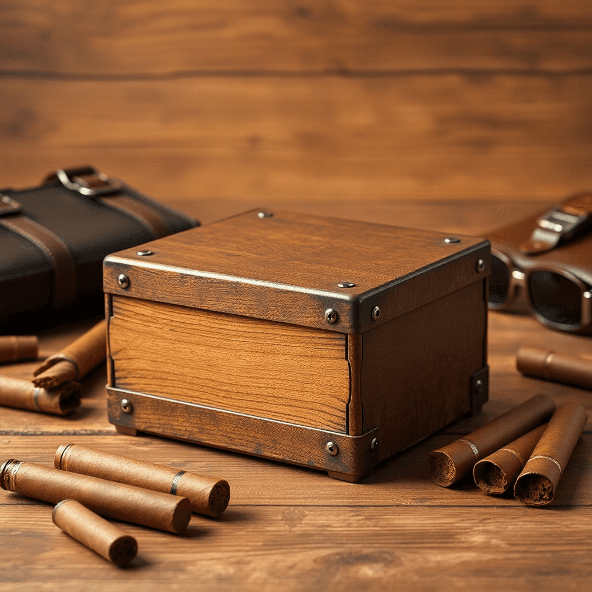 Un briquet à essence vintage sur une surface en bois, entouré de cigares et d'accessoires rétro, créant une ambiance intemporelle et authentique.