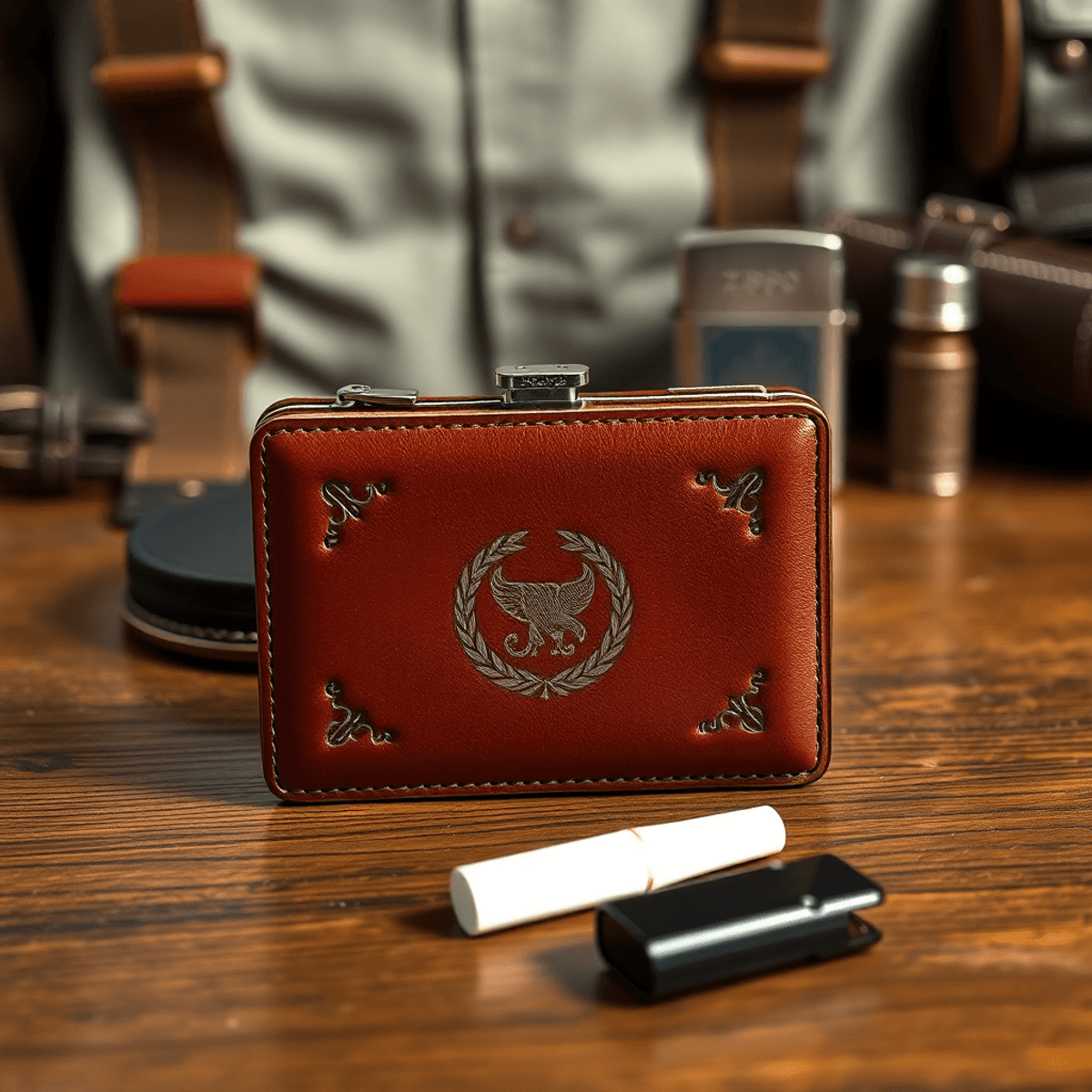Un étui à cigarette en cuir gravé, posé sur une table en bois vintage, entouré d'accessoires rétro comme des bretelles et un briquet Zippo, dans une lumière douce et chaleureuse.
