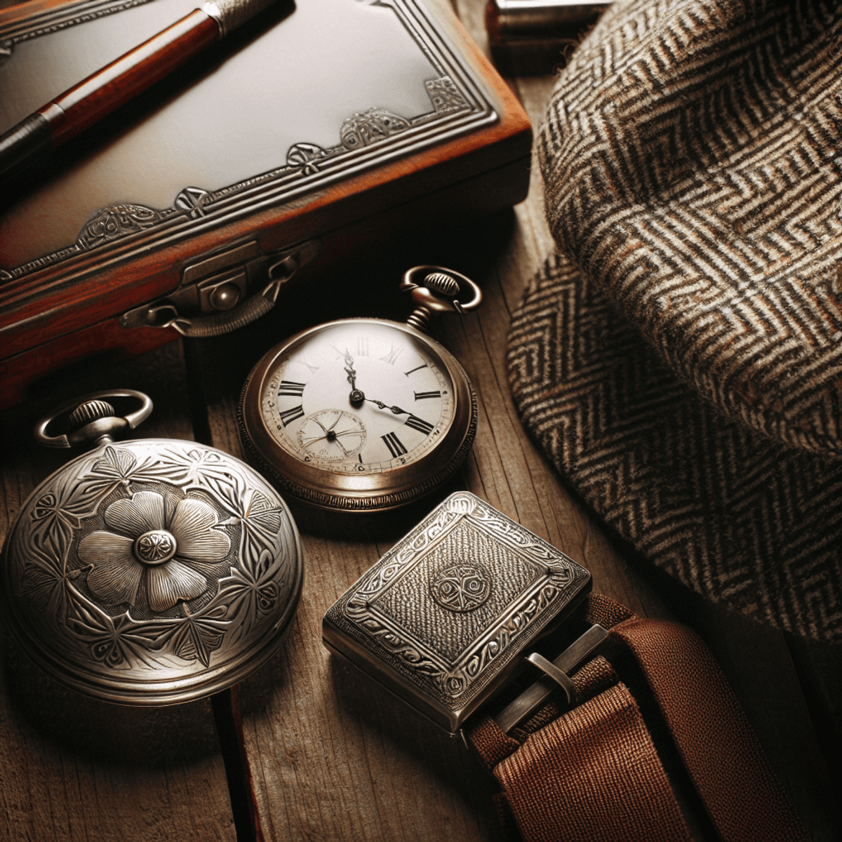 Une table en bois rustique ornée d'une montre de poche classique avec des aiguilles délicates et des chiffres romains, d'un étui à cigarettes en métal gravé de motifs décoratifs, d'une casquette plate au motif en chevrons ou tweed, et de bretelles anciennes avec un fermoir distinctif. Les objets sont disposés artistiquement sur le bois vieilli, dans des tons chaleureux et nostalgiques qui évoquent le charme rustique du début du 20e siècle en Angleterre.