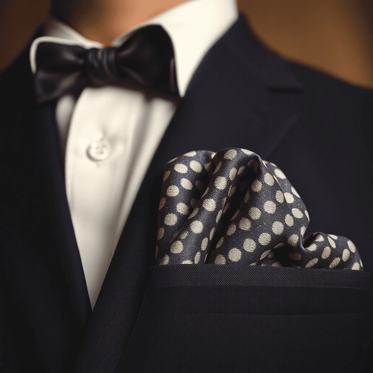 Un mouchoir de poche soigneusement plié dans la poche d'une veste de costume sur mesure, se détachant sur un fond inspiré du vintage, mettant en valeur la mode masculine classique et l'élégance intemporelle.