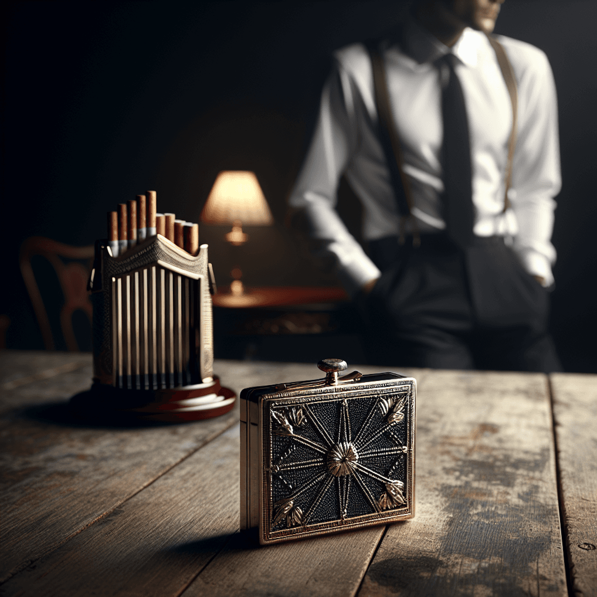 Un élégant étui à cigarettes reposant sur une vieille table en bois, avec un homme caucasien bien habillé en arrière-plan portant une chemise sur mesure et des bretelles, entouré d'une atmosphère élégante qui met en valeur la sophistication de la scène.