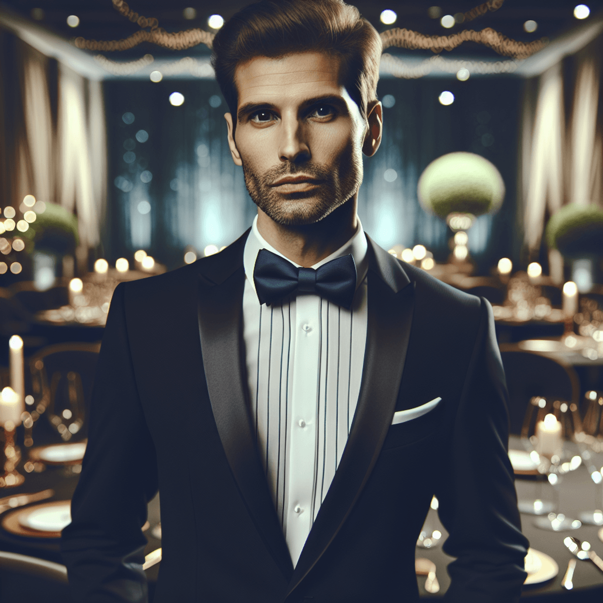 Un homme caucasien sophistiqué en tenue formelle, portant un nœud papillon élégant, se tient avec confiance comme le point central d'un événement haut de gamme élégamment conçu. L'ambiance sophistiquée est rehaussée par des décorations luxueuses et un éclairage doux qui met en valeur son apparence soignée et son style personnel.