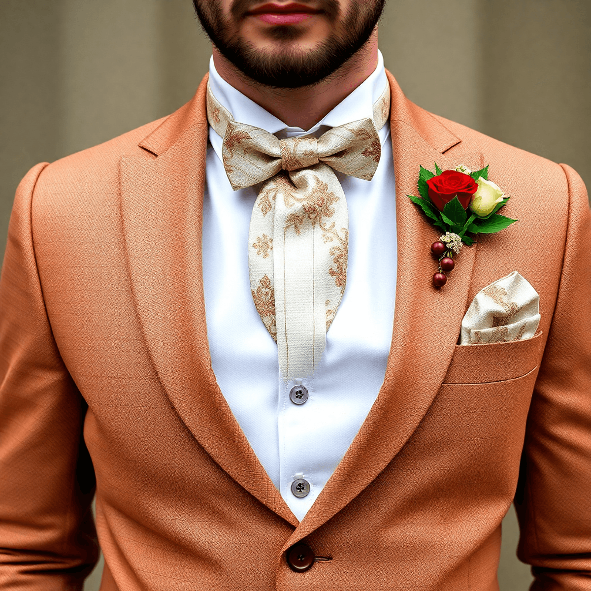 Un homme en costume élégant avec une cravate classique et un ascot, entouré de tissus raffinés et d'accessoires tels qu'une pochette et des bretelles, dégageant sophistication.