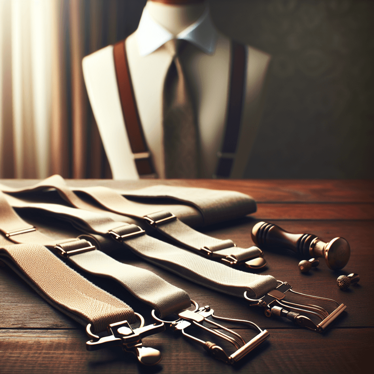 Une table en bois affichant deux paires de bretelles élégantes : une paire est composée de bretelles classiques à clip en Y dans une subtile couleur beige, et l'autre paire est composée de bretelles élastiques dans une teinte éclatante et vivante. L'arrière-plan présente un cadre doux et élégant qui évoque une sophistication intemporelle, séduisant à la fois les passionnés de mode moderne et vintage. L'ambiance générale est réaliste et capture l'essence du style vintage à la mode.