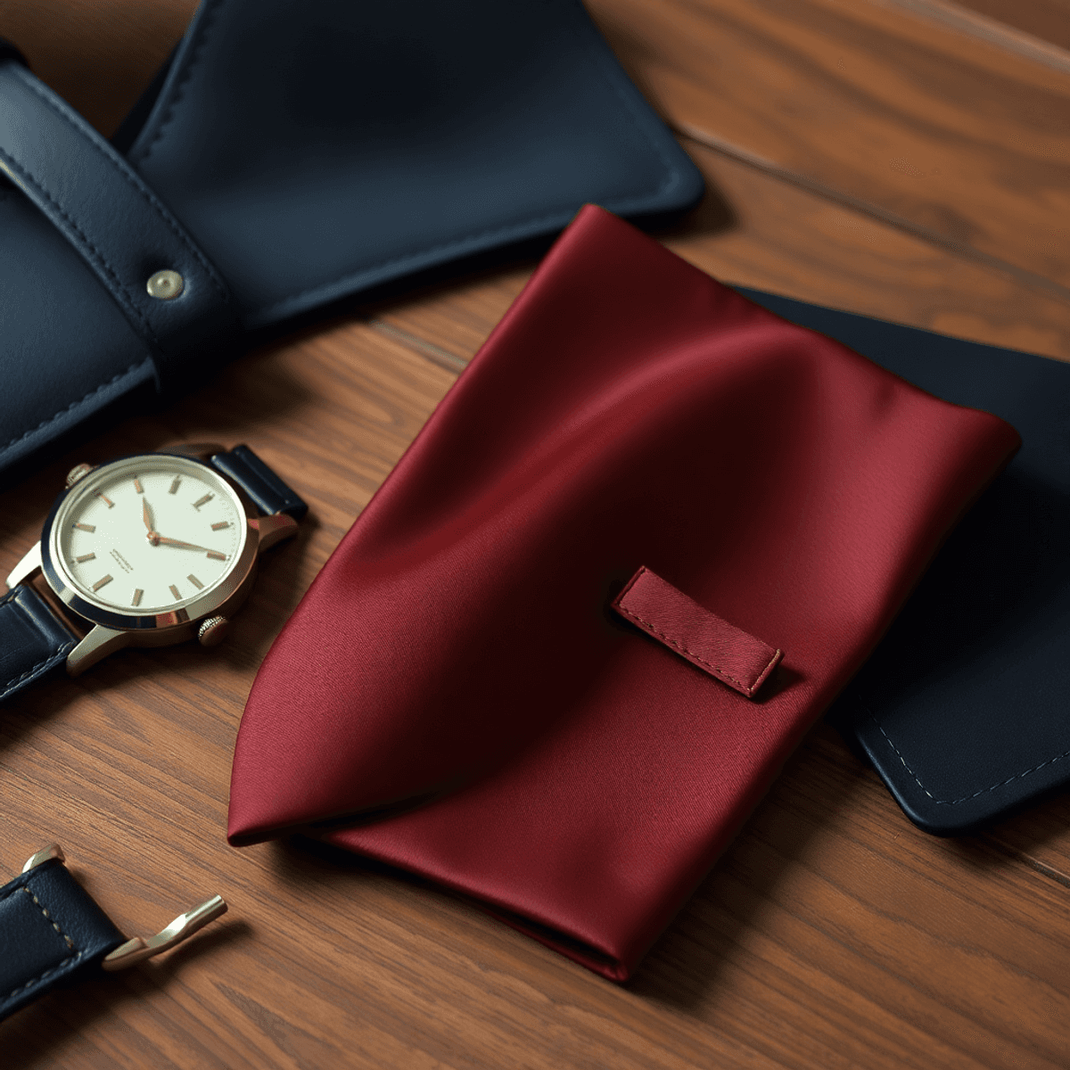 Un mouchoir de poche en soie plié sur une surface en bois vintage, entouré d'une montre à gousset et d'une épingle à cravate, évoquant le chic rétro.