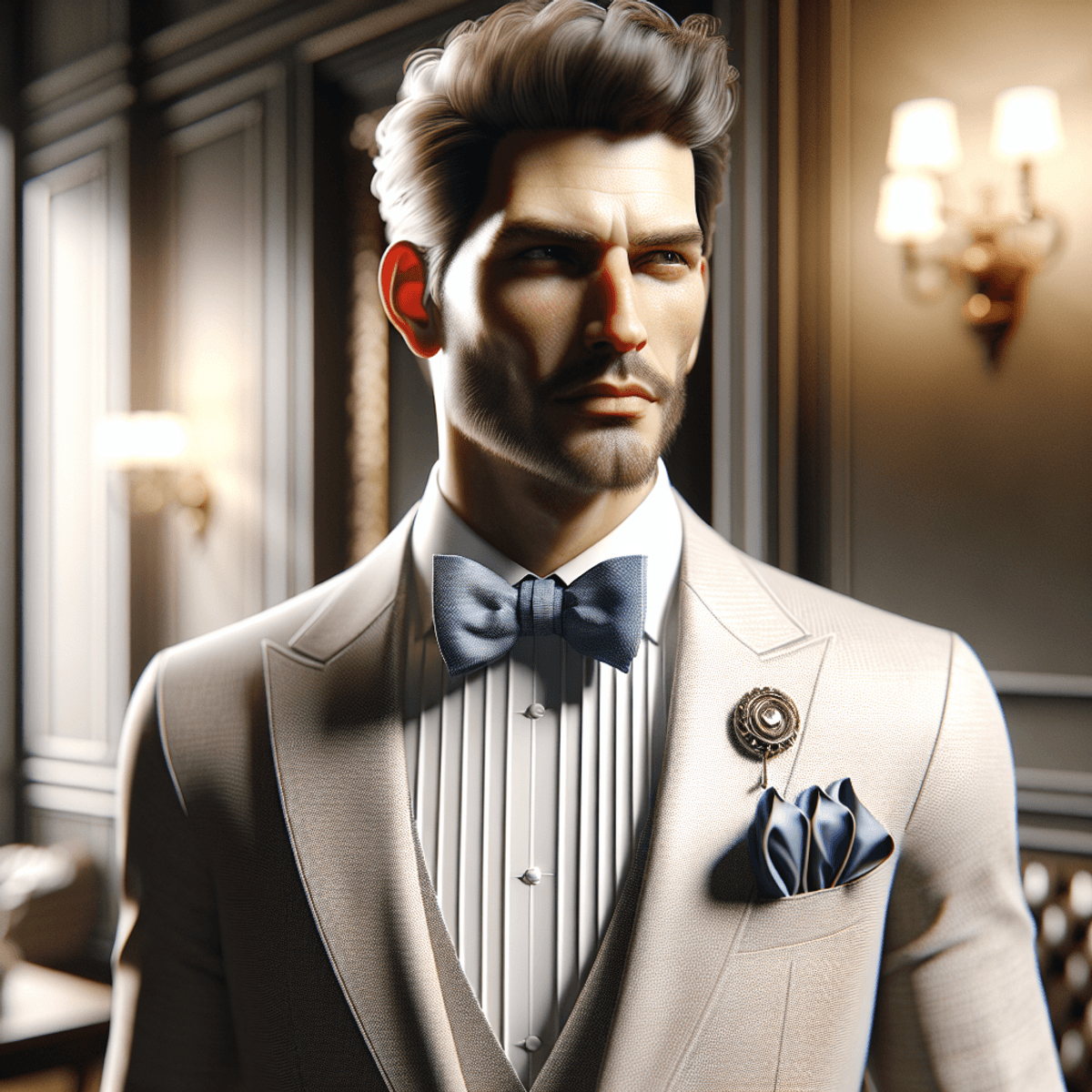 Un homme caucasien élégamment habillé : il porte un nœud papillon et est orné d'accessoires de mode raffinés comme un mouchoir de poche et des boutons de manchette. Sa posture dégage confiance tandis qu'il se tient dans un cadre formel. Bien qu'il se distingue, le décor grandiose illustre un mélange de design et d'élégance. Cette image réaliste met l'accent sur les détails, les textures et l'éclairage, soulignant la tenue élégante de l'homme et l'atmosphère digne qui l'entoure.