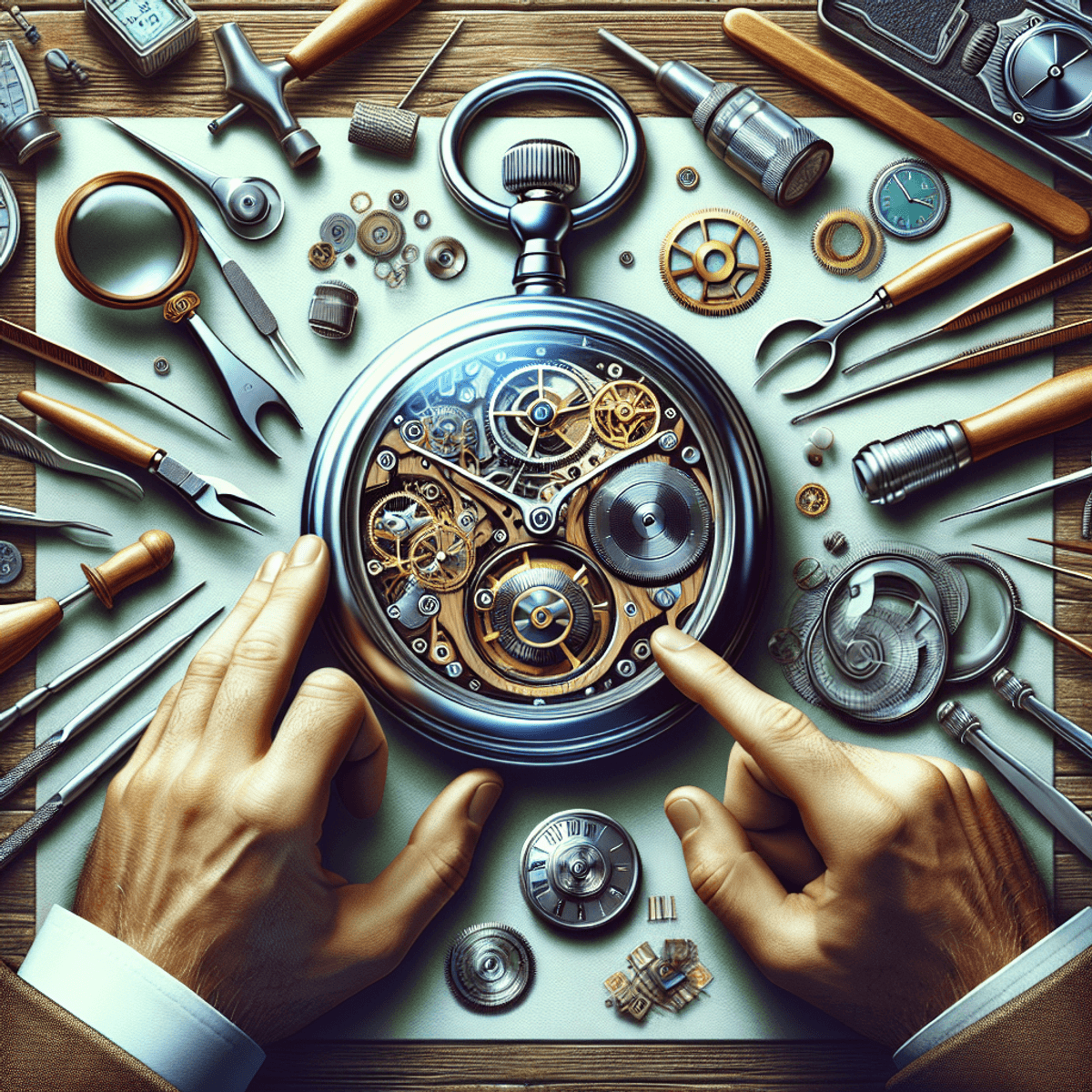 Une montre à gousset moderne exposée sur une table en bois, entourée d'outils d'horlogerie classiques tels que des pincettes, des loupes et des tournevis, aux côtés de widgets technologiques modernes. Un homme caucasien bien habillé inspecte de près la montre de poche, montrant un mélange d'artisanat traditionnel et d'innovation contemporaine dans le domaine de l'horlogerie.