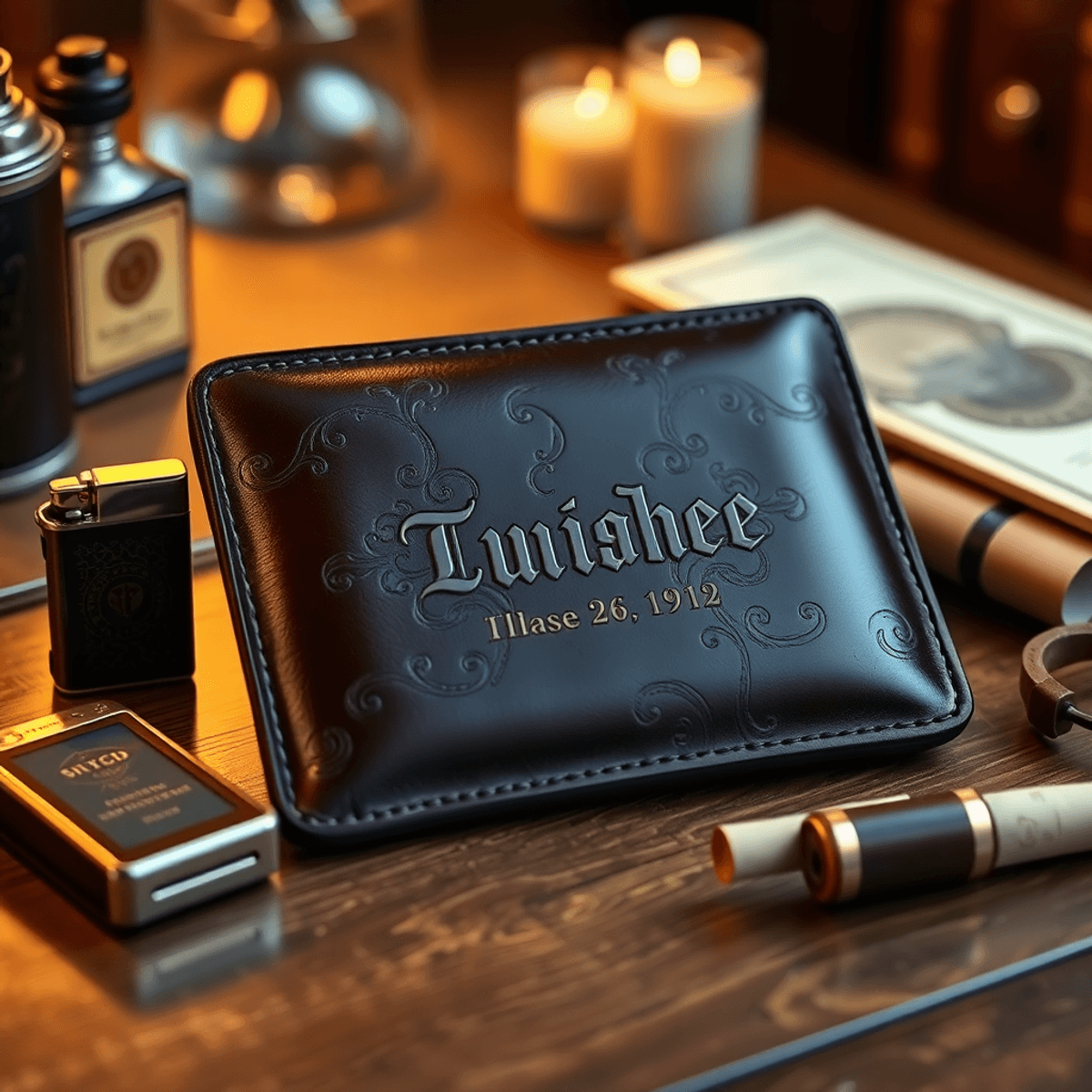 Un porte-tabac en cuir de haute qualité avec des gravures délicates repose sur une table en bois, entouré d'accessoires de fumeur vintage dans une ambiance chaleureuse et accueillante.