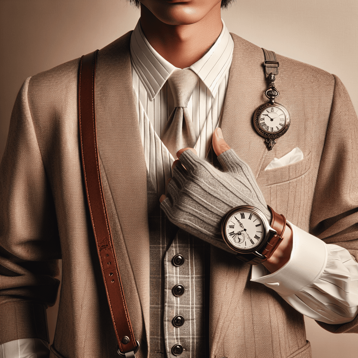 Image d'un individu asiatique à la mode, portant une montre de poche classique au design complexe. Leur tenue allie un style moderne qui met en valeur le charme vintage de la montre. L'arrière-plan présente une teinte neutre et douce, soulignant l'élégance de la tenue et les détails raffinés de la montre.