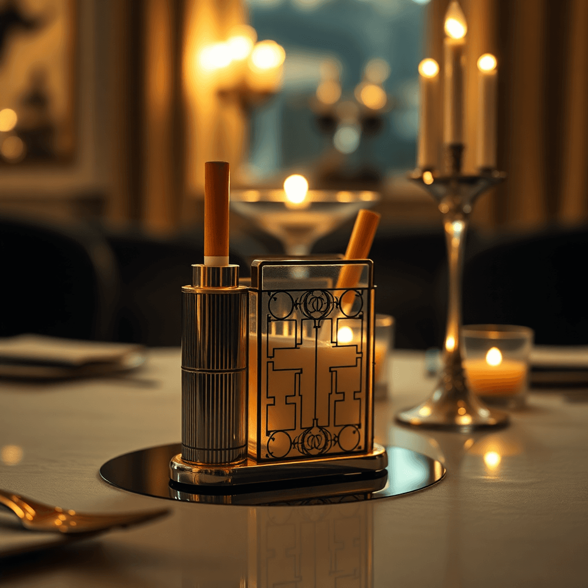 Un porte-cigarettes vintage des années 1920, élégamment placé sur une table Art Déco avec un éclairage doux, évoquant la sophistication et l'esprit des années folles.