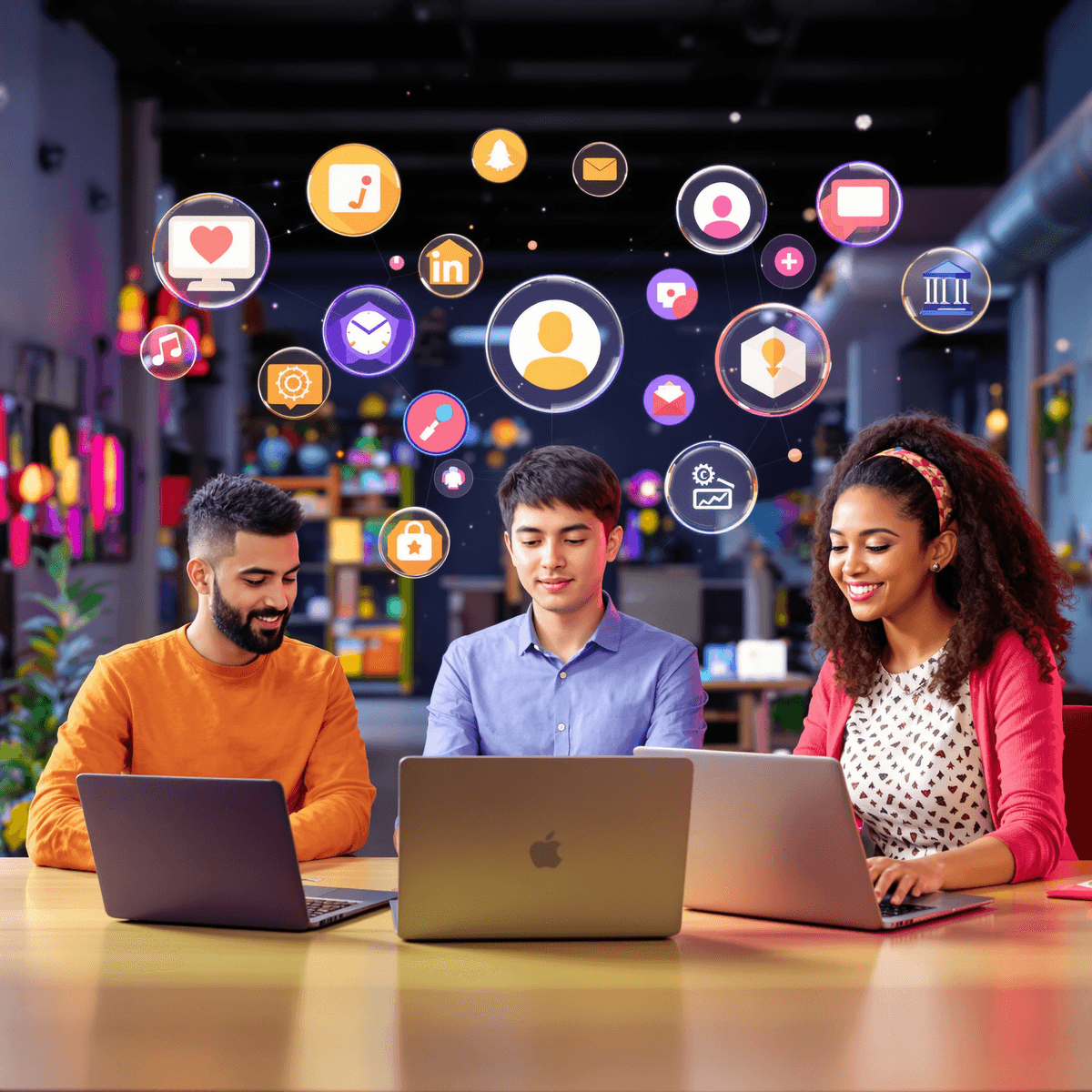 3D render of diverse freelancers working on laptops in a vibrant digital marketplace with floating icons representing creative and technical skills.