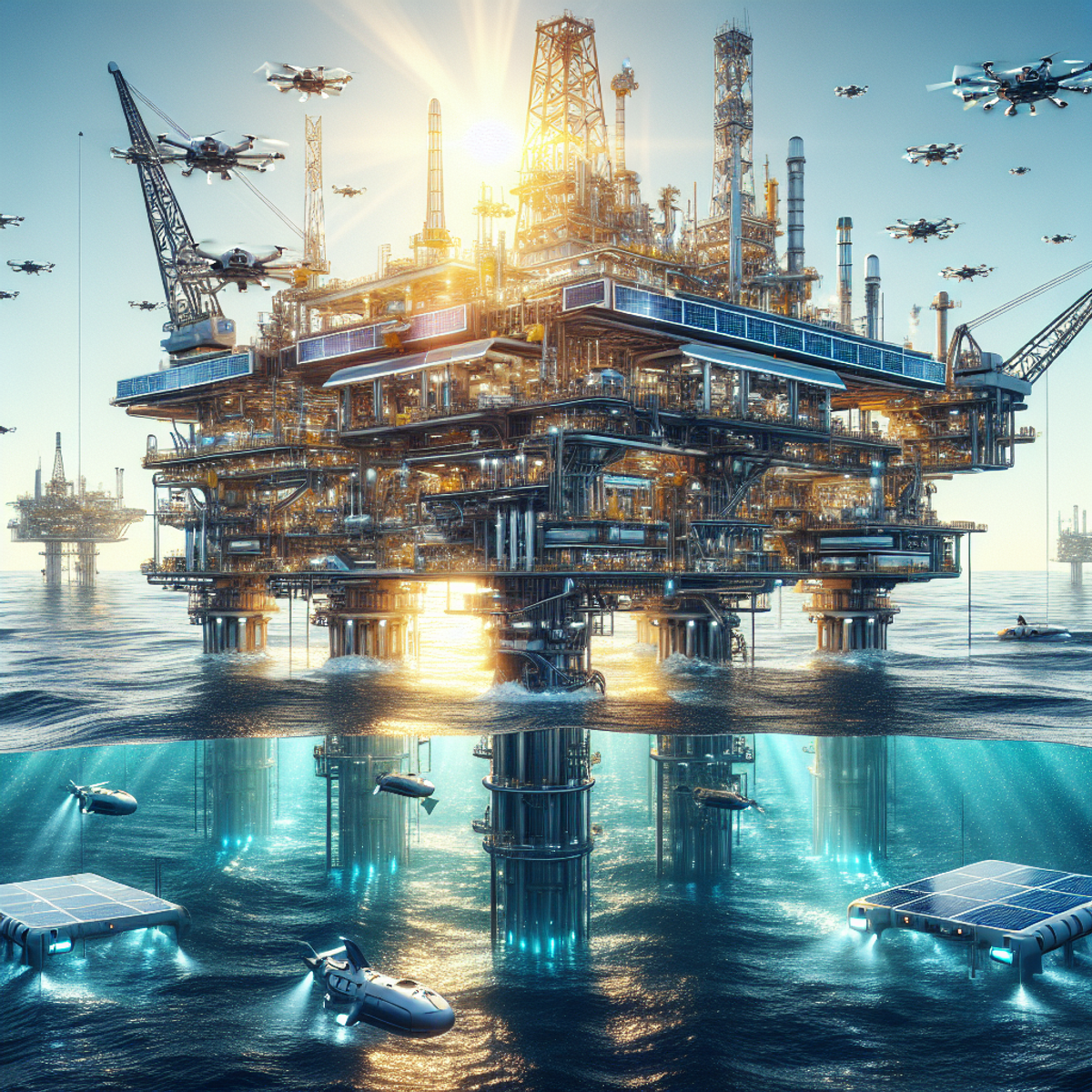 A futuristic offshore oil rig with advanced technology and autonomous drones.