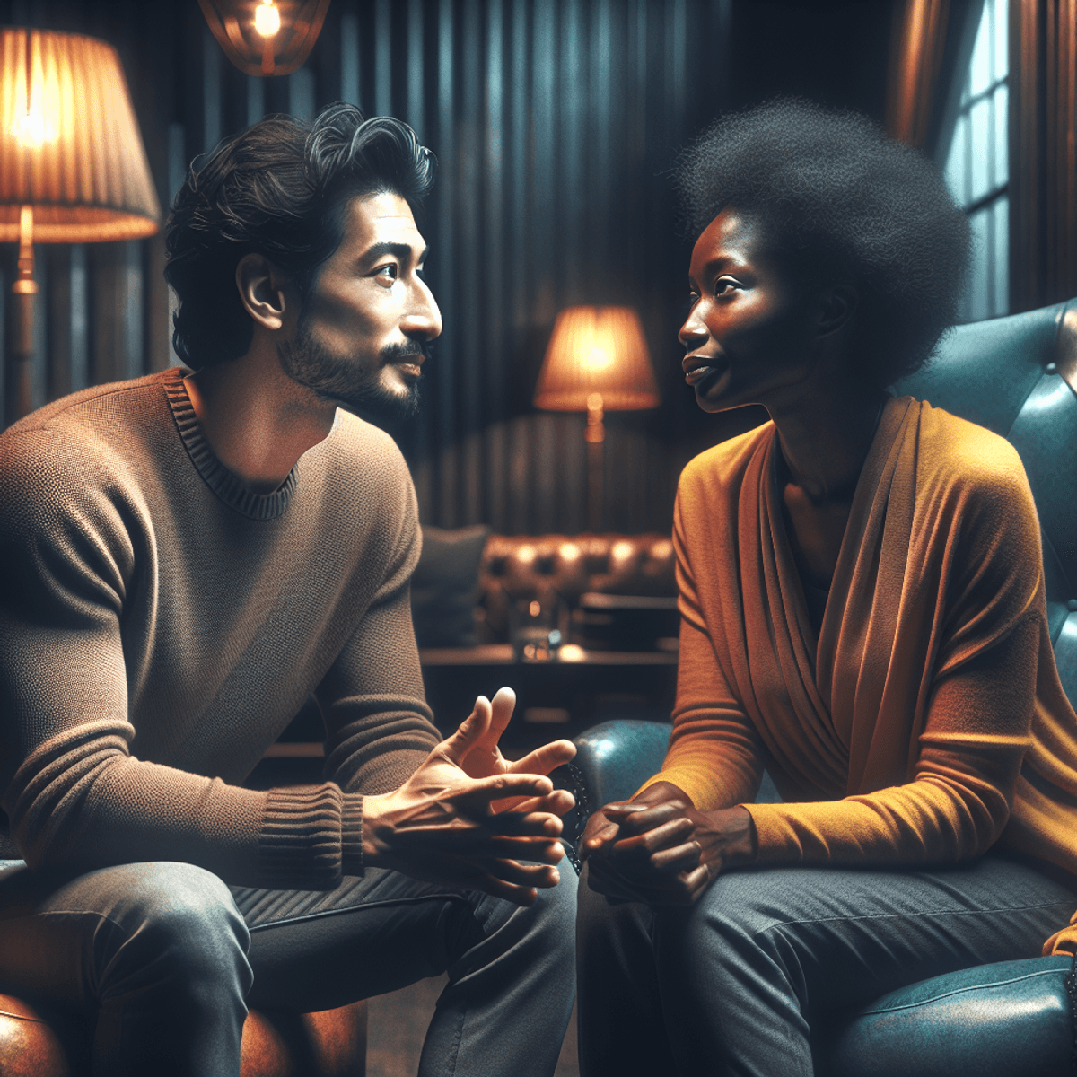 A South Asian man and a Black woman are seated in a cozy, warmly lit room with plush seating. The man, wearing a casual shirt, is leaning slightly forward with an engaged expression, while the woman, in a stylish dress, maintains eye contact and smiles gently. Their body language shows openness and attentiveness, with the woman's hand resting on her chin and the man's hands gesturing as he speaks. Soft ambient lighting casts a warm glow around them, enhancing the intimate atmosphere that signifies their deep conversation and mutual connection.