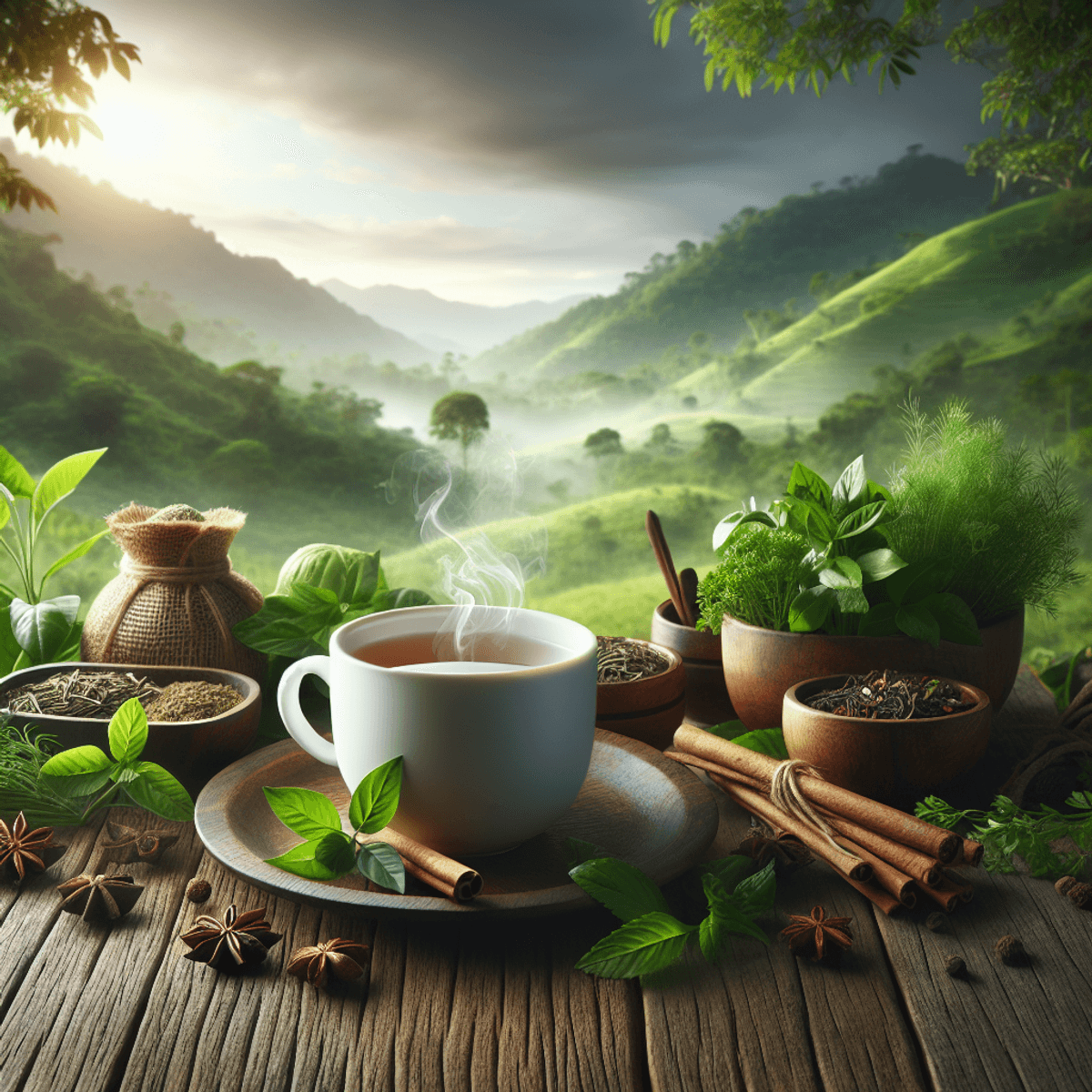 Sumedha Brain Boost Tea 7 A steaming cup of herbal tea sits on a rustic wooden table, surrounded by fresh herbs and spices. In the background, lush green landscapes of rural India create a serene atmosphere, emphasizing tranquility and the therapeutic qualities of the scene.