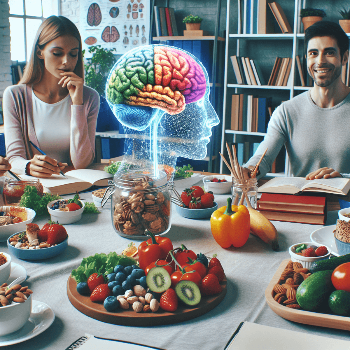 Sumedha Brain Boost Tea 8 A diverse group of individuals, including a Caucasian woman and an Asian man, share a nutritious meal at a vibrant table filled with colorful healthy foods like berries, assorted nuts, and leafy green vegetables. The warm and welcoming environment reflects energy and mental wellness, with books and a subtle brain symbol integrated into the backdrop, enhancing the theme of brain health.