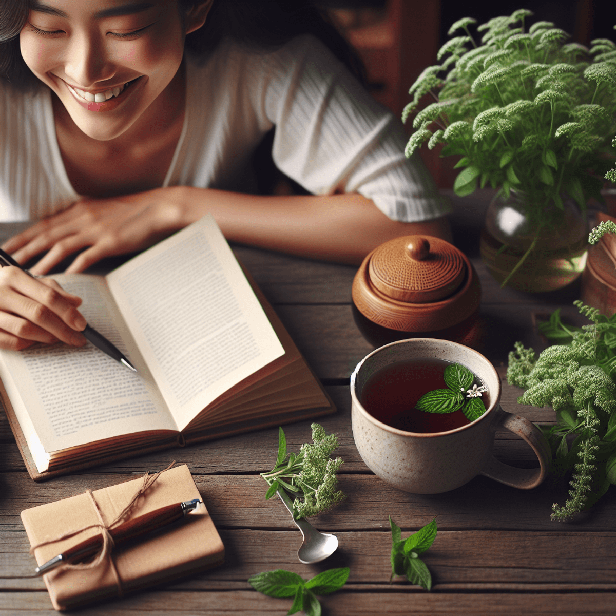 Sumedha Brain Boost Tea 5 A serene scene featuring an Asian woman with a genuine smile, sitting at a wooden table. She is absorbed in reading a book while enjoying a steaming cup of herbal tea surrounded by fresh herbs. A closed notebook with a pen rests on the table, symbolizing intellectual pursuits. The overall atmosphere conveys relaxation and mental clarity.