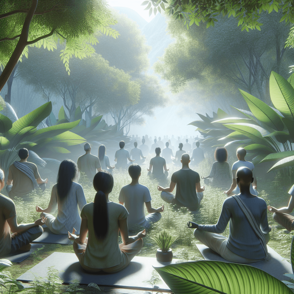 Sumedha Brain Boost Tea 2 A diverse group of individuals, including East Asian men and women alongside Hispanic men and women, are sitting peacefully on colorful mats amidst vibrant green ashwagandha plants. They are engaged in mindfulness meditation, with serene expressions and relaxed postures. The natural environment is lush and calming, with soft sunlight filtering through the leaves, enhancing the tranquil atmosphere of mental clarity and harmony.