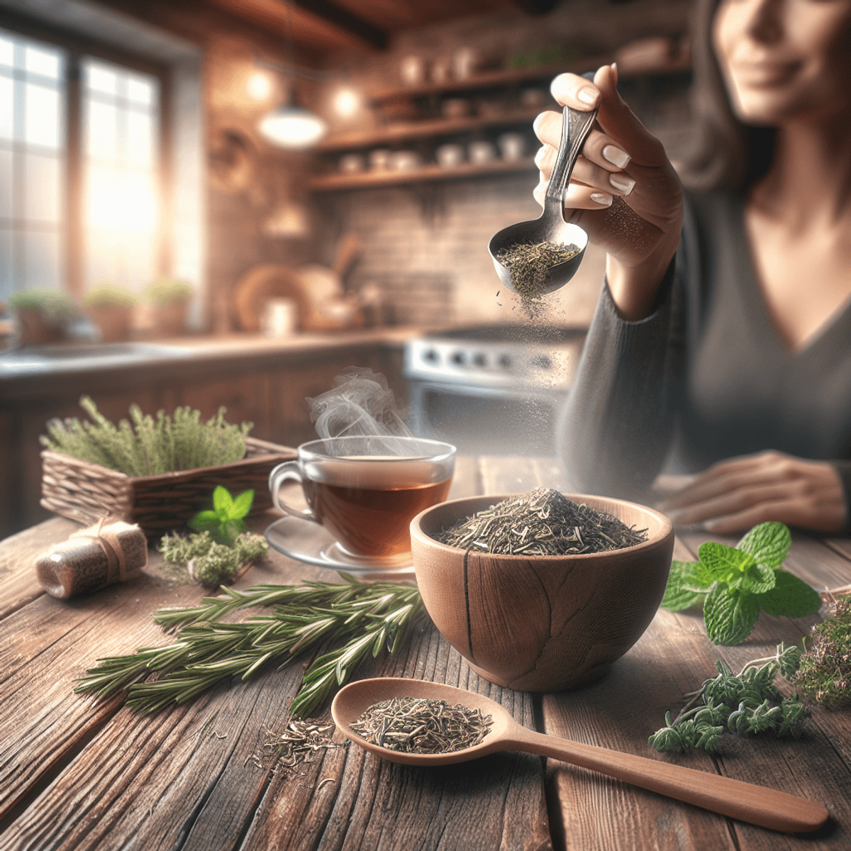 Sumedha Brain Boost Tea 4 A Hispanic female gently holds a steaming cup of herbal tea, smiling contentedly, in a cozy kitchen setting. The rustic wooden table is adorned with fresh herbs like rosemary and mint, enhancing the relaxing atmosphere. The background features a warmly lit kitchen, slightly blurred, contributing to the tranquil ambiance of the scene.