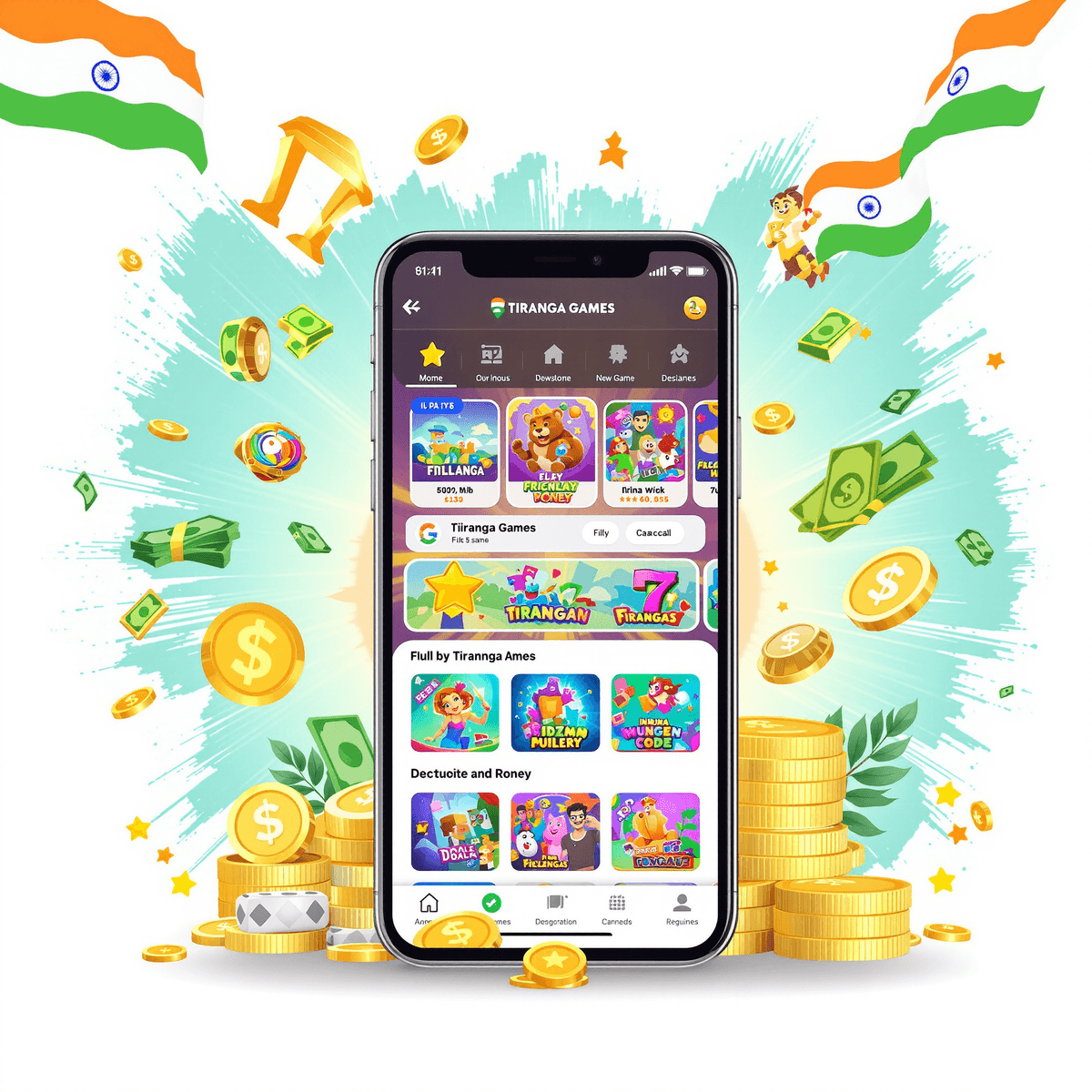 tiranga login Smartphone showing Tiranga Games app with colorful icons, tricolor flag elements, money symbols, and a vibrant tech-inspired background.