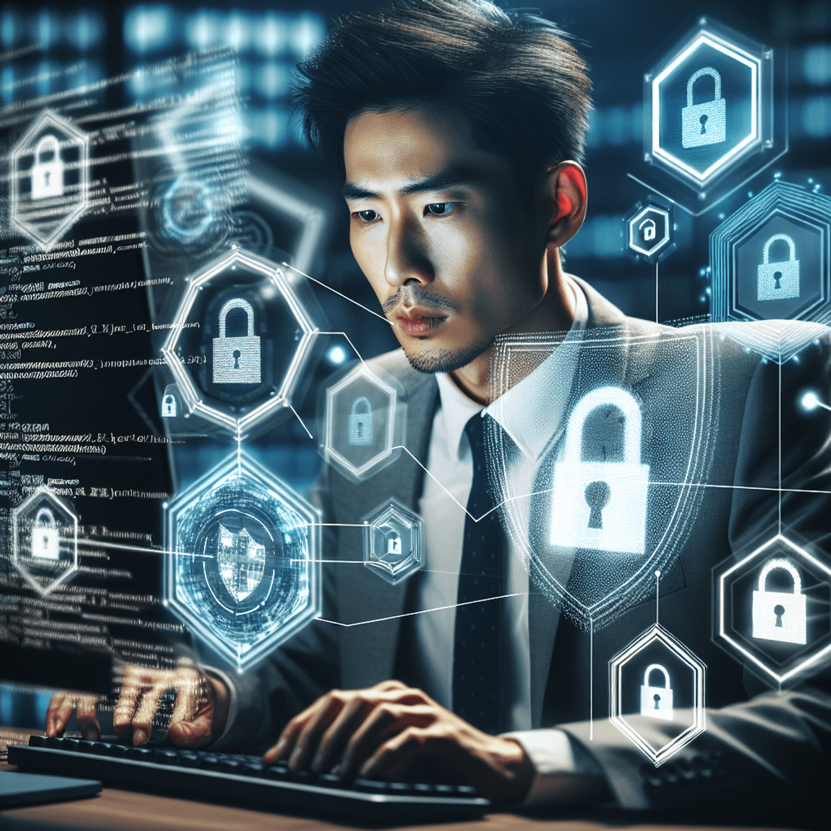 A focused Asian cybersecurity expert intently working at a sleek modern desk, surrounded by multiple monitors displaying abstract security analytics and coding sequences. Digital icons of locks, shields, and binary codes float around him, symbolizing data protection and cyber defense. The office environment is contemporary, with a minimalist design that highlights the importance of cybersecurity in a high-tech world.