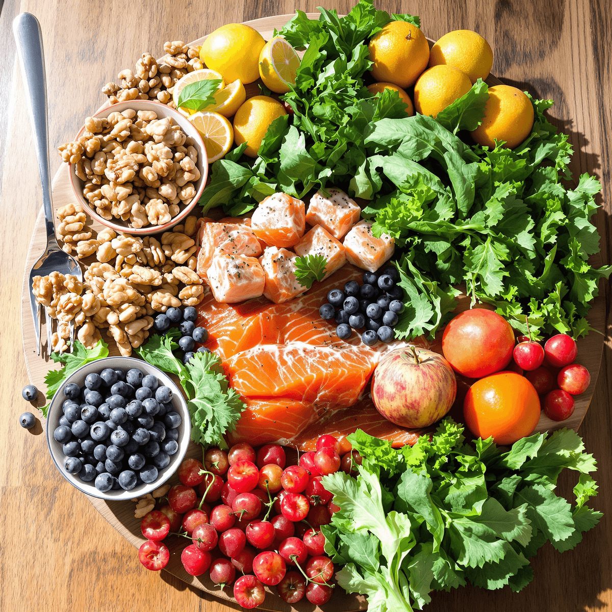 A colorful spread of walnuts, blueberries, salmon, leafy greens, and fruits on a wooden table, symbolizing brain health and cognitive enhancement.